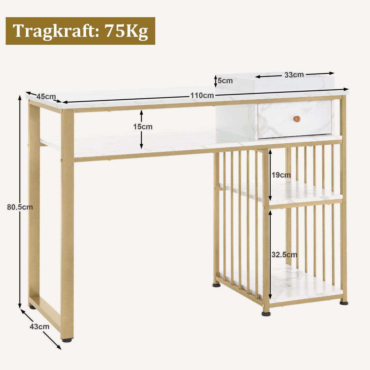 BarberPub Schminktisch mit Schubladen, Nageltisch mit Regal, Manikürtisch aus Holz Metallgestell, Schminktisch ohne Spiegel Wohnzimmer Modern, Marmor-Weiß Gold, 45 x 110 x 80.5cm, 2498