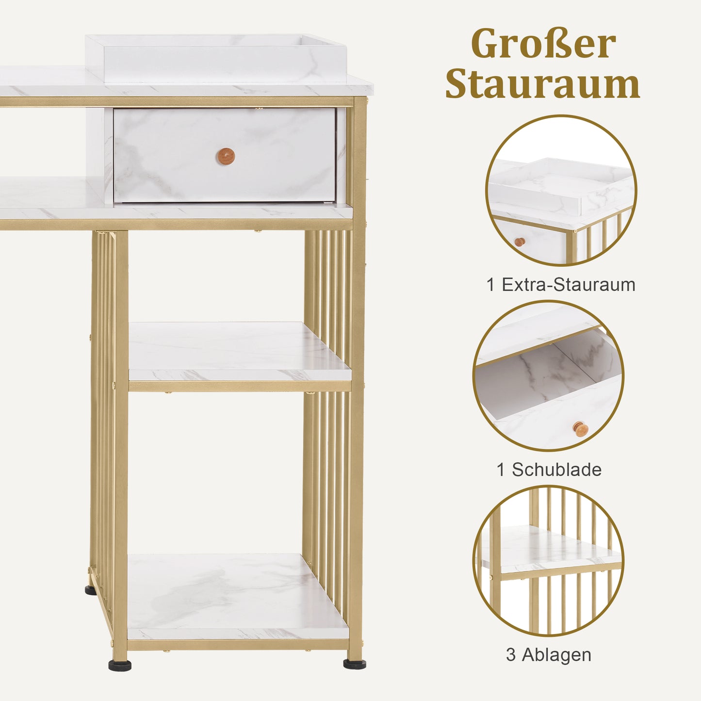 BarberPub Schminktisch mit Schubladen, Nageltisch mit Regal, Manikürtisch aus Holz Metallgestell, Schminktisch ohne Spiegel Wohnzimmer Modern, Marmor-Weiß Gold, 45 x 110 x 80.5cm, 2498