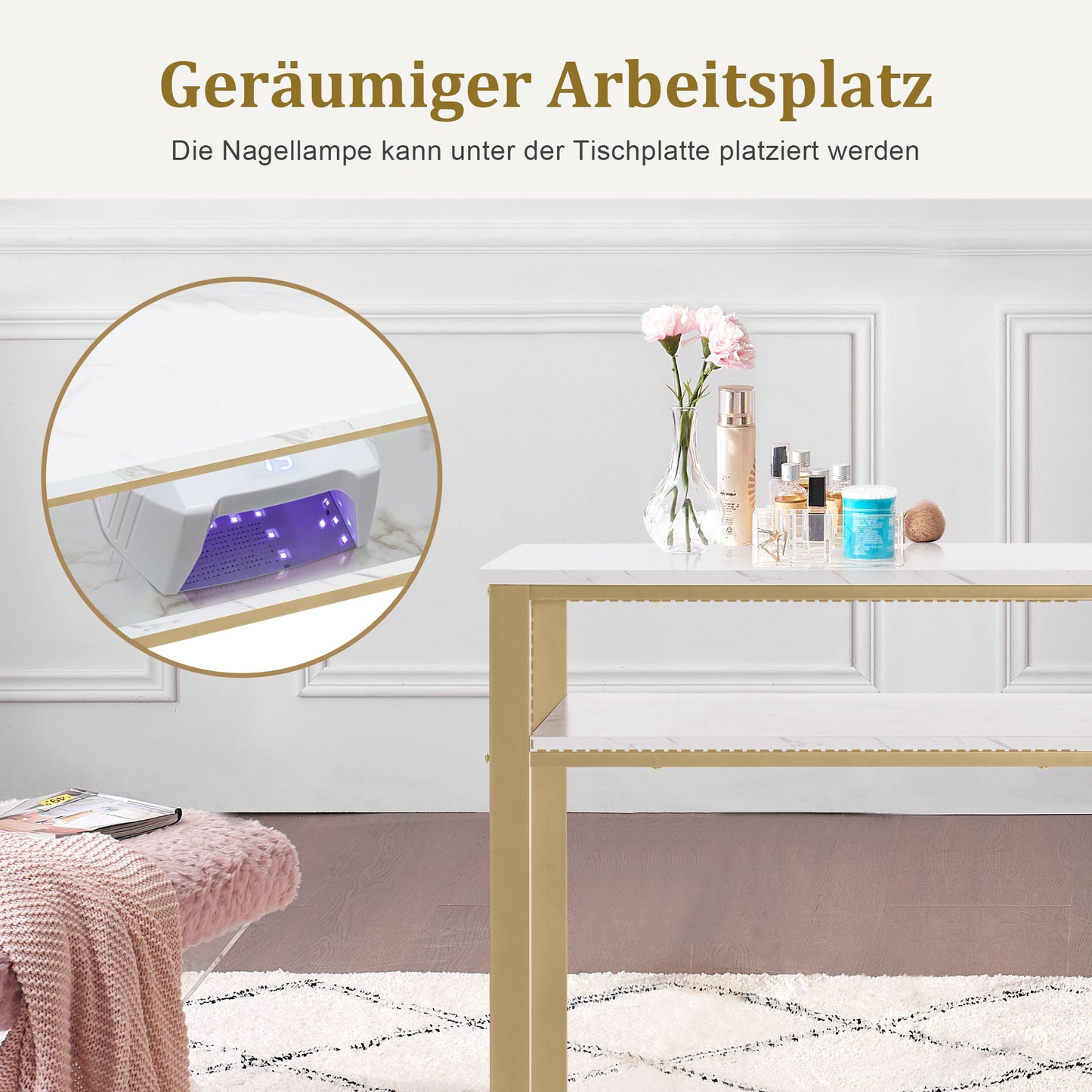 BarberPub Schminktisch mit Schubladen, Nageltisch mit Regal, Manikürtisch aus Holz Metallgestell, Schminktisch ohne Spiegel Wohnzimmer Modern, Marmor-Weiß Gold, 45 x 110 x 80.5cm, 2498