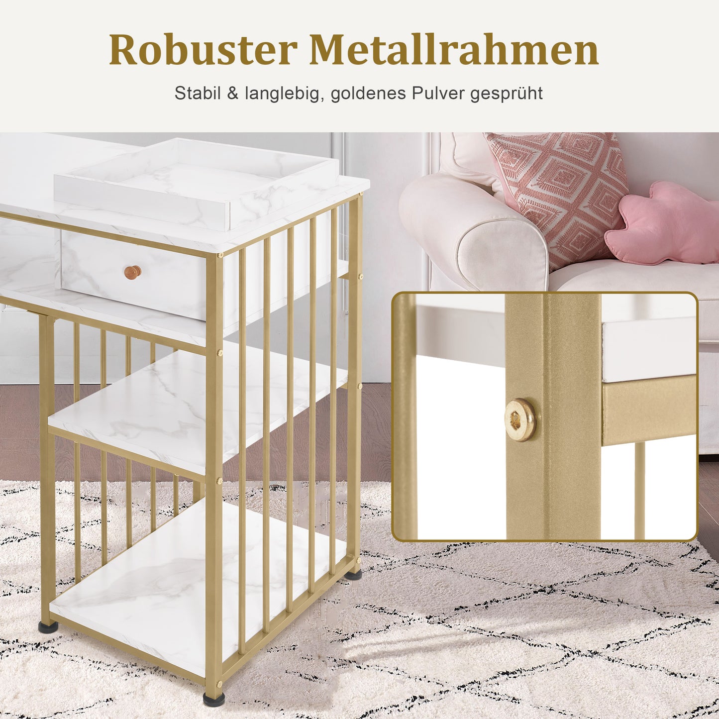 BarberPub Schminktisch mit Schubladen, Nageltisch mit Regal, Manikürtisch aus Holz Metallgestell, Schminktisch ohne Spiegel Wohnzimmer Modern, Marmor-Weiß Gold, 45 x 110 x 80.5cm, 2498