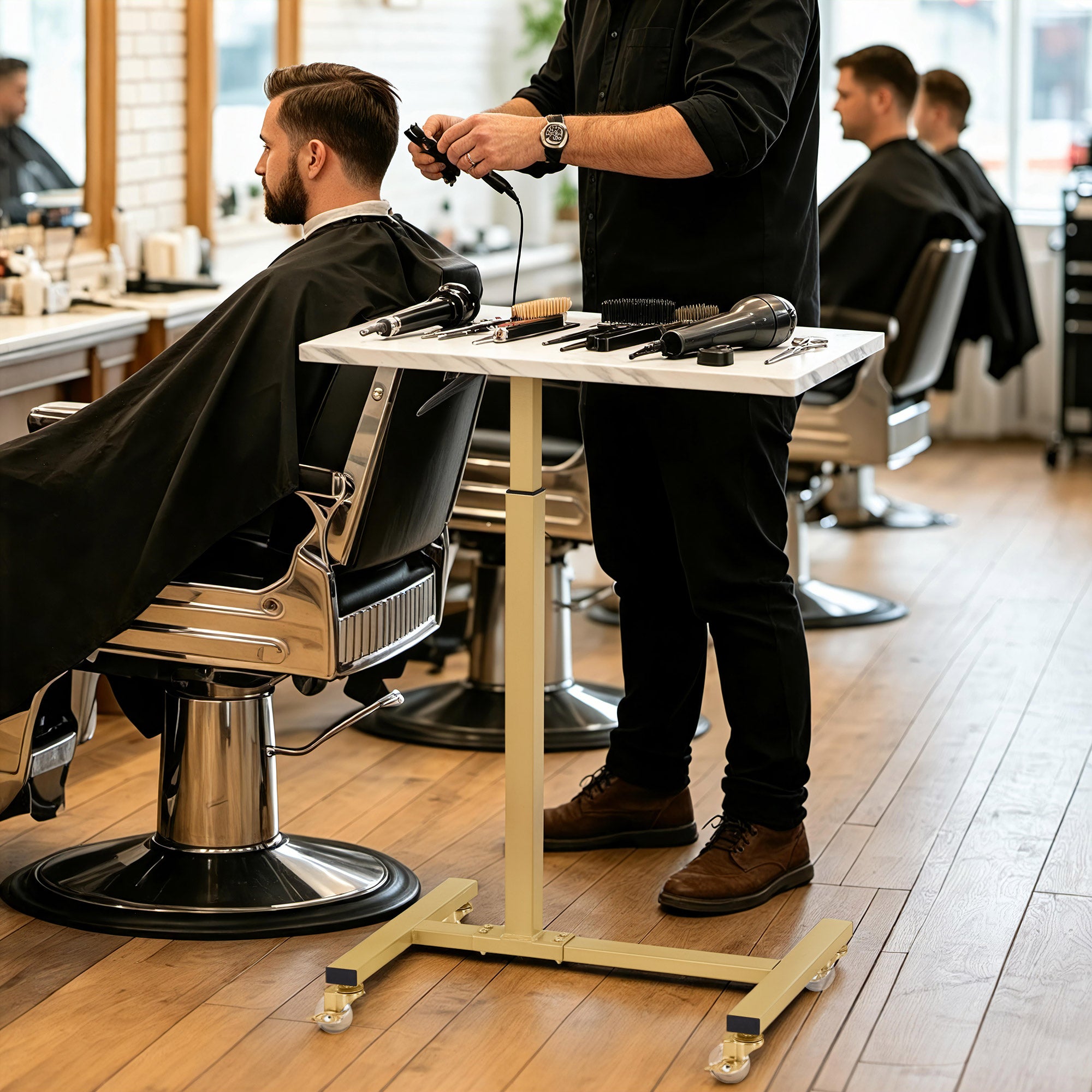 BarberPub Beistelltisch mit Rollen, Pflegetisch Höhenverstellbar, Salon-Tablettwagen Gold, Betttisch C Form, Friseurwagen für Friseursalons, Nagelstudio & Wohnzimmer, 2832