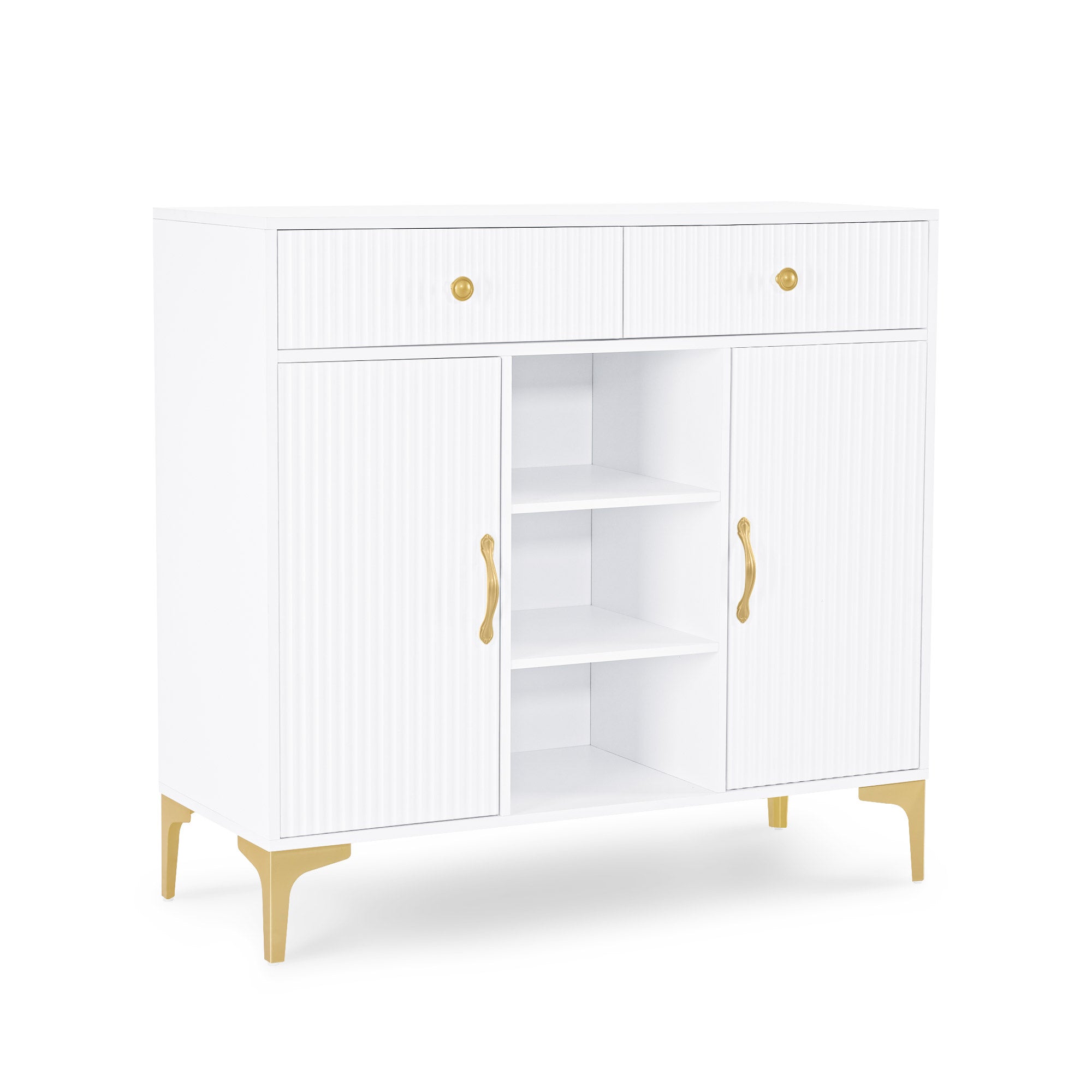 BarberPub Sideboard with 2 Drawers, Bathroom Cabinet with 3 Open Compartments & 2 Adjustable Shelves, Kitchen Cabinet, Chest of Drawers White, Side Cabinet for Nail Salon, Bathroom Cabinet, 40x100x95cm, 6647