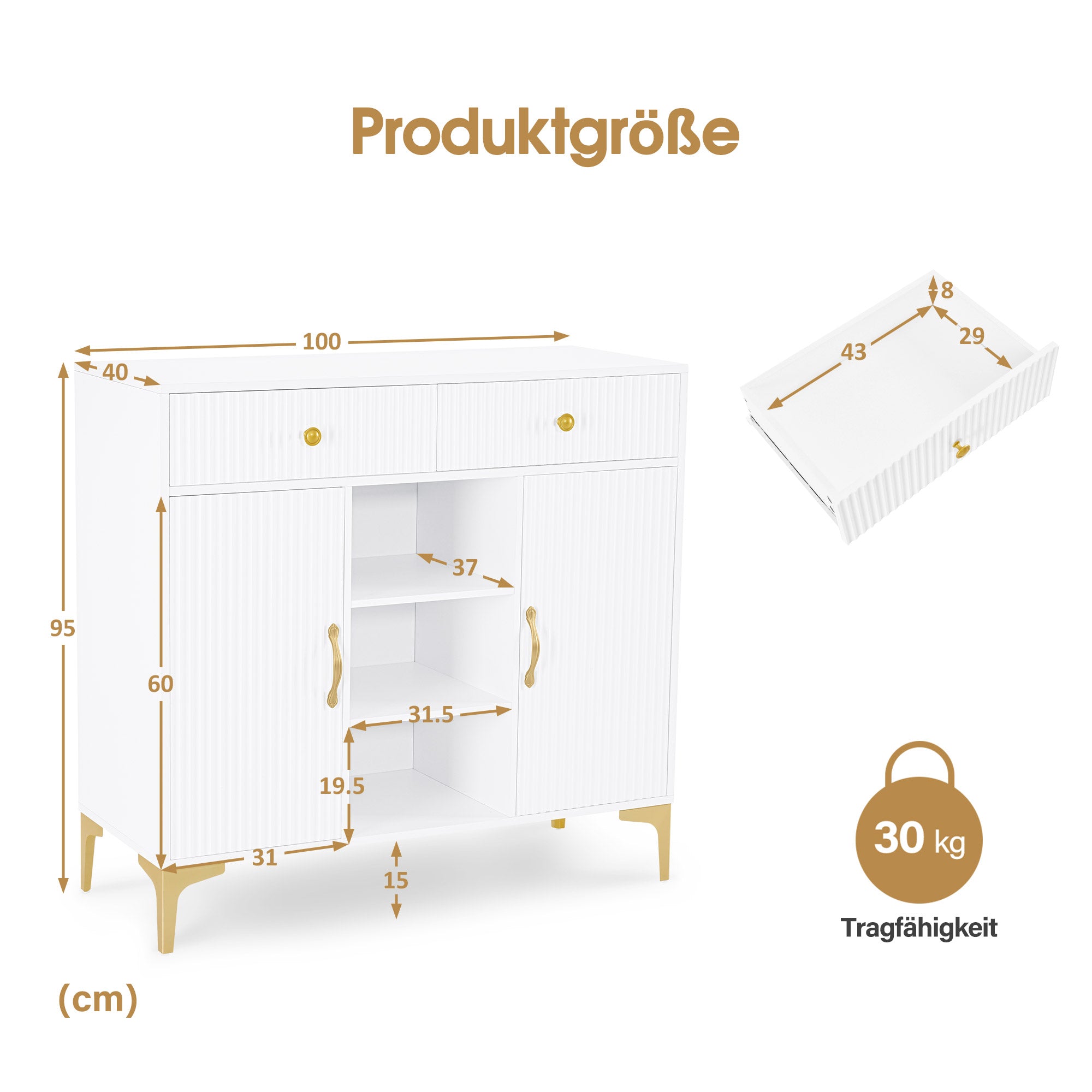 BarberPub Sideboard with 2 Drawers, Bathroom Cabinet with 3 Open Compartments & 2 Adjustable Shelves, Kitchen Cabinet, Chest of Drawers White, Side Cabinet for Nail Salon, Bathroom Cabinet, 40x100x95cm, 6647
