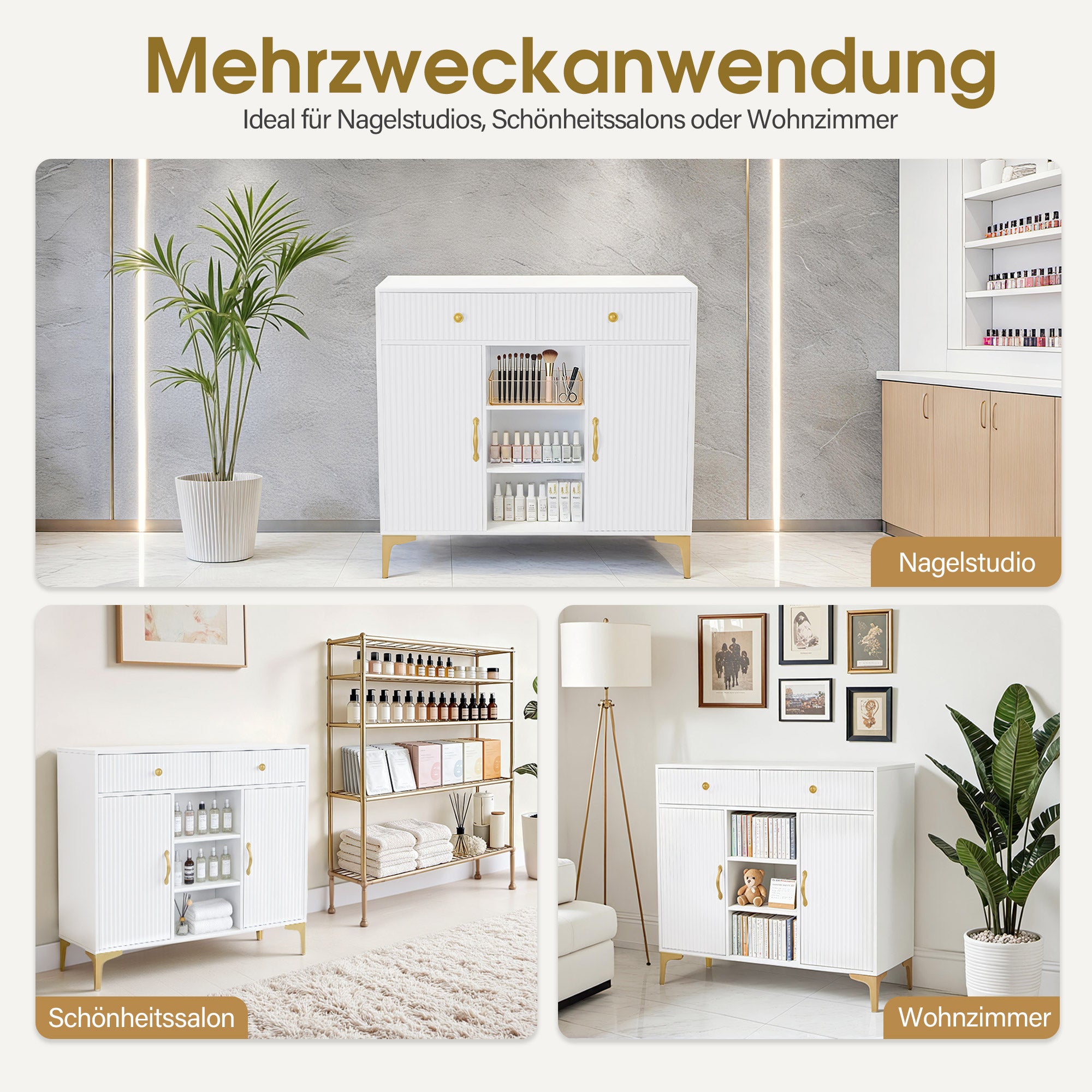 BarberPub Sideboard with 2 Drawers, Bathroom Cabinet with 3 Open Compartments & 2 Adjustable Shelves, Kitchen Cabinet, Chest of Drawers White, Side Cabinet for Nail Salon, Bathroom Cabinet, 40x100x95cm, 6647