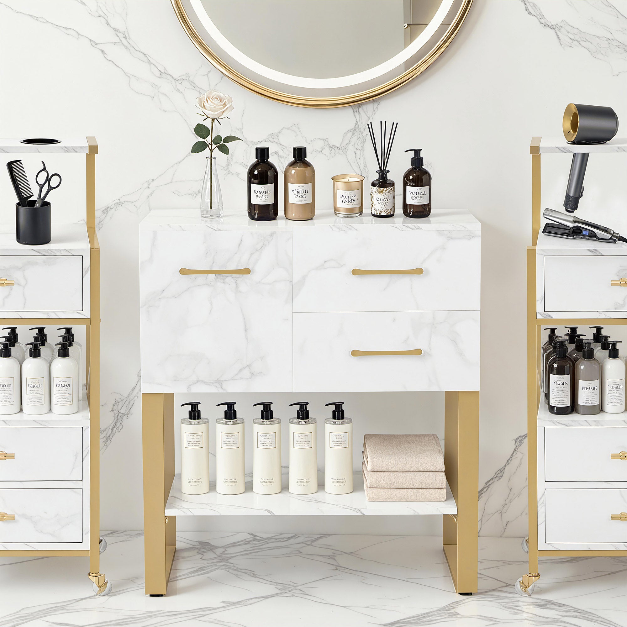 BarberPub Sideboard with 2 Drawers, Bathroom Cabinet with Cupboard & Open Shelf, Dresser with Metal Frame, Side Cabinet for Hair Salon, Storage Cabinet Marble-White Gold, 40x80x90.5cm, 6678