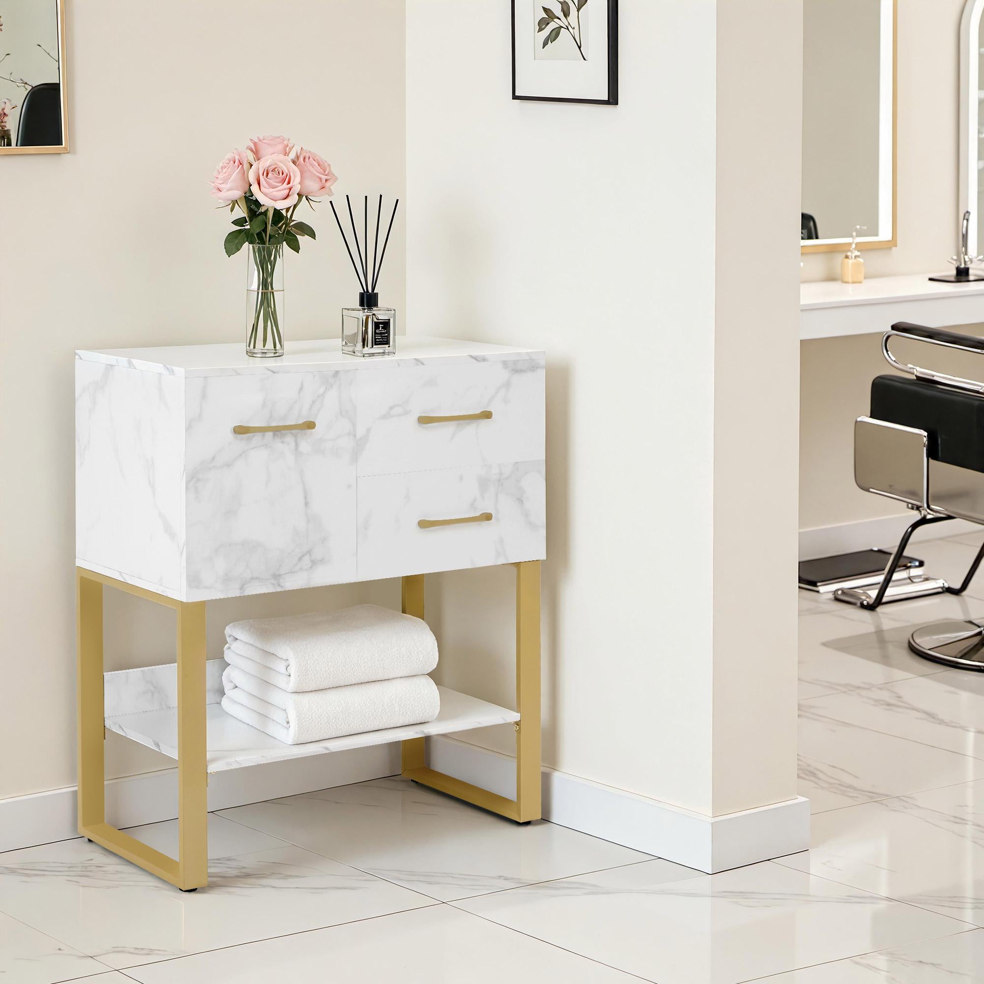 BarberPub Sideboard with 2 Drawers, Bathroom Cabinet with Cupboard & Open Shelf, Dresser with Metal Frame, Side Cabinet for Hair Salon, Storage Cabinet Marble-White Gold, 40x80x90.5cm, 6678