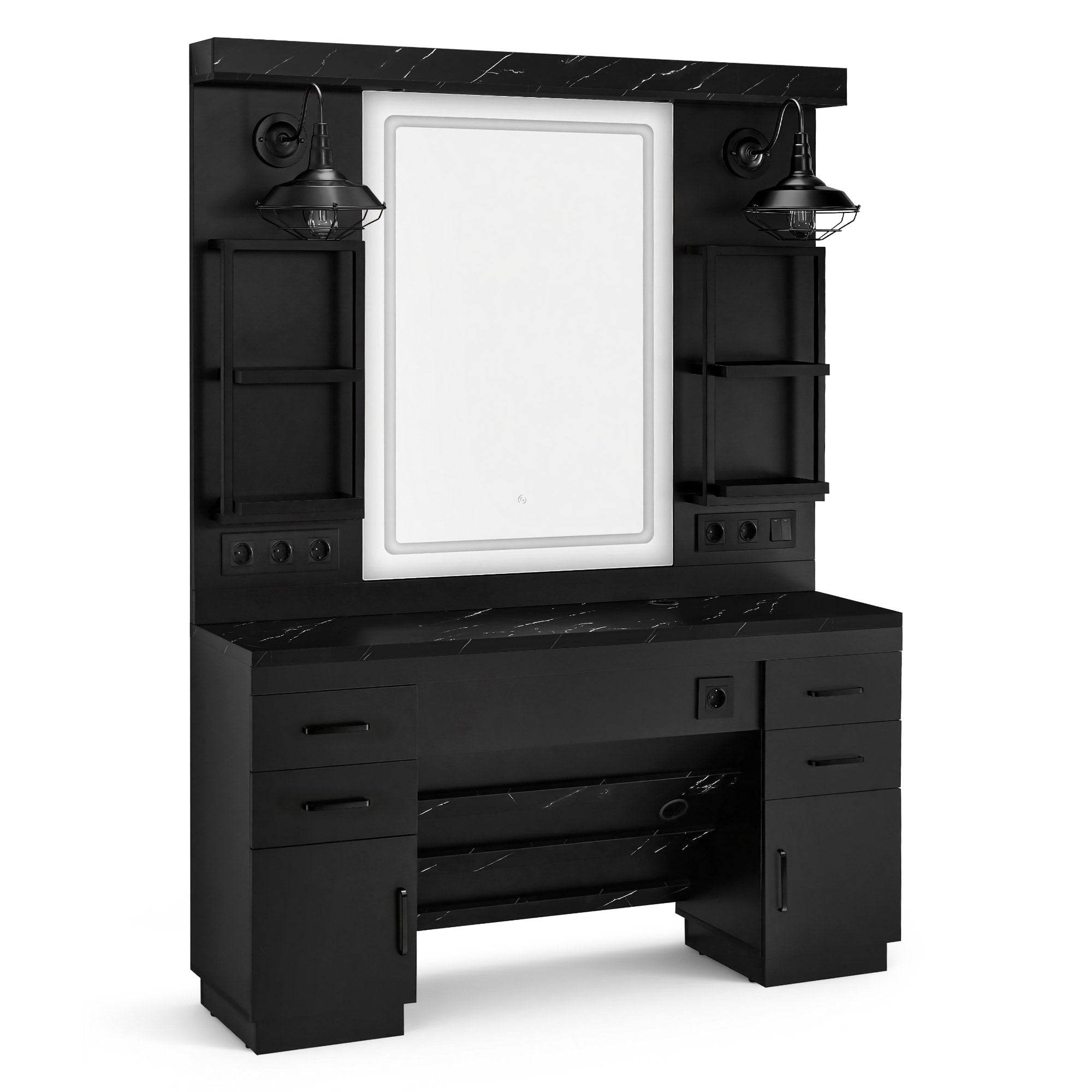 BarberPub Hairdressing Station with 4 Drawers, Vanity Table with Mirror, Styling Station with 4 Shelves & 2 Cabinets, Mirror Cabinet with Lighting, Mirror Table, Hair Salon Furniture, 3187