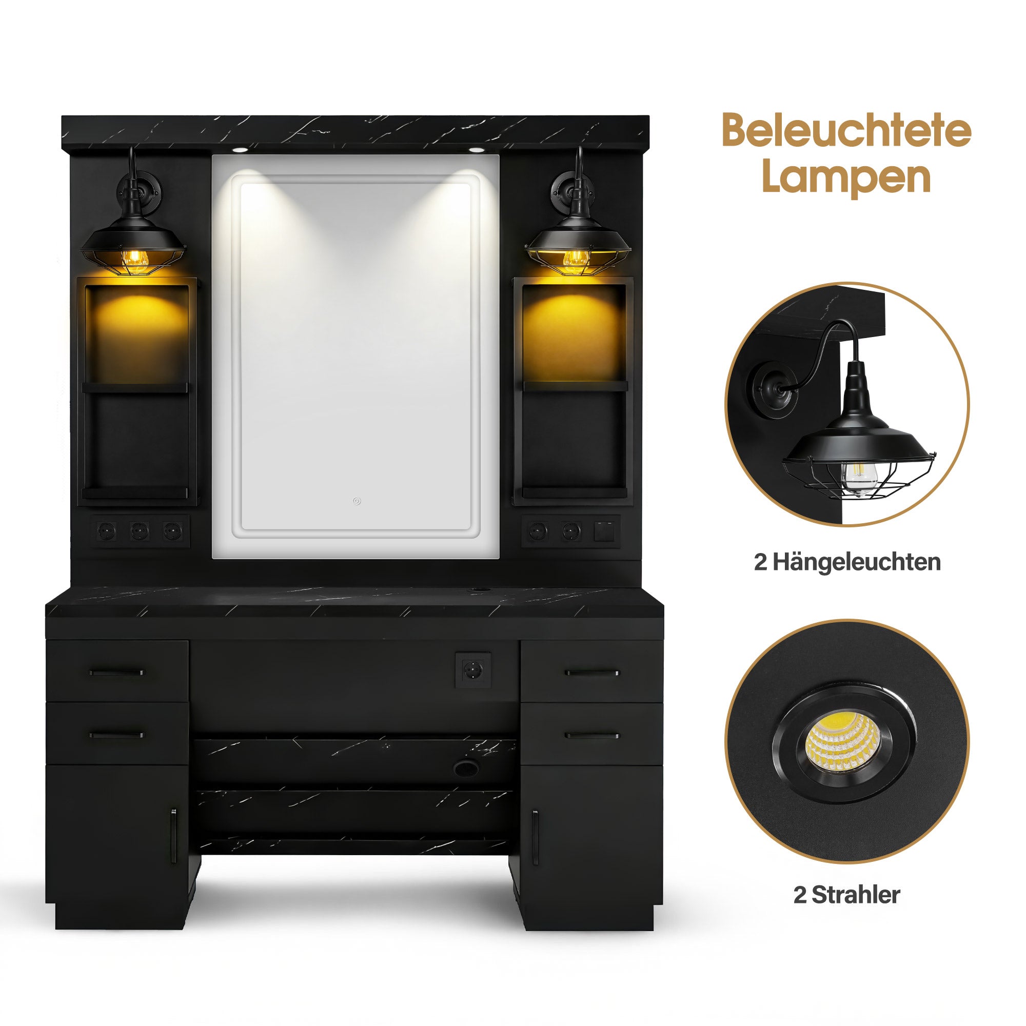 BarberPub Hairdressing Station with 4 Drawers, Vanity Table with Mirror, Styling Station with 4 Shelves & 2 Cabinets, Mirror Cabinet with Lighting, Mirror Table, Hair Salon Furniture, 3187