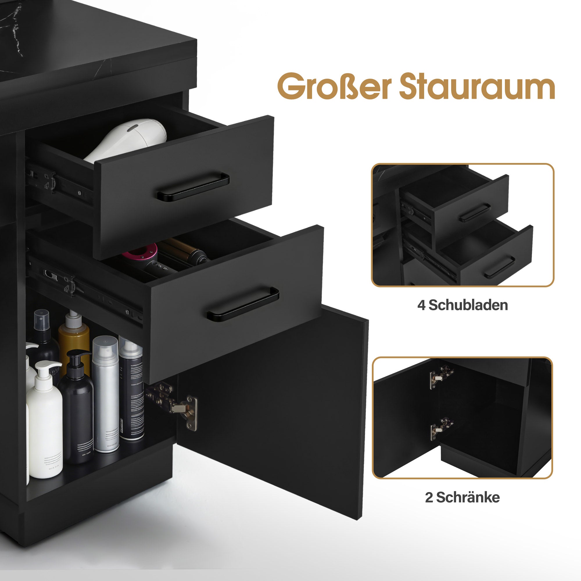 BarberPub Hairdressing Station with 4 Drawers, Vanity Table with Mirror, Styling Station with 4 Shelves & 2 Cabinets, Mirror Cabinet with Lighting, Mirror Table, Hair Salon Furniture, 3187