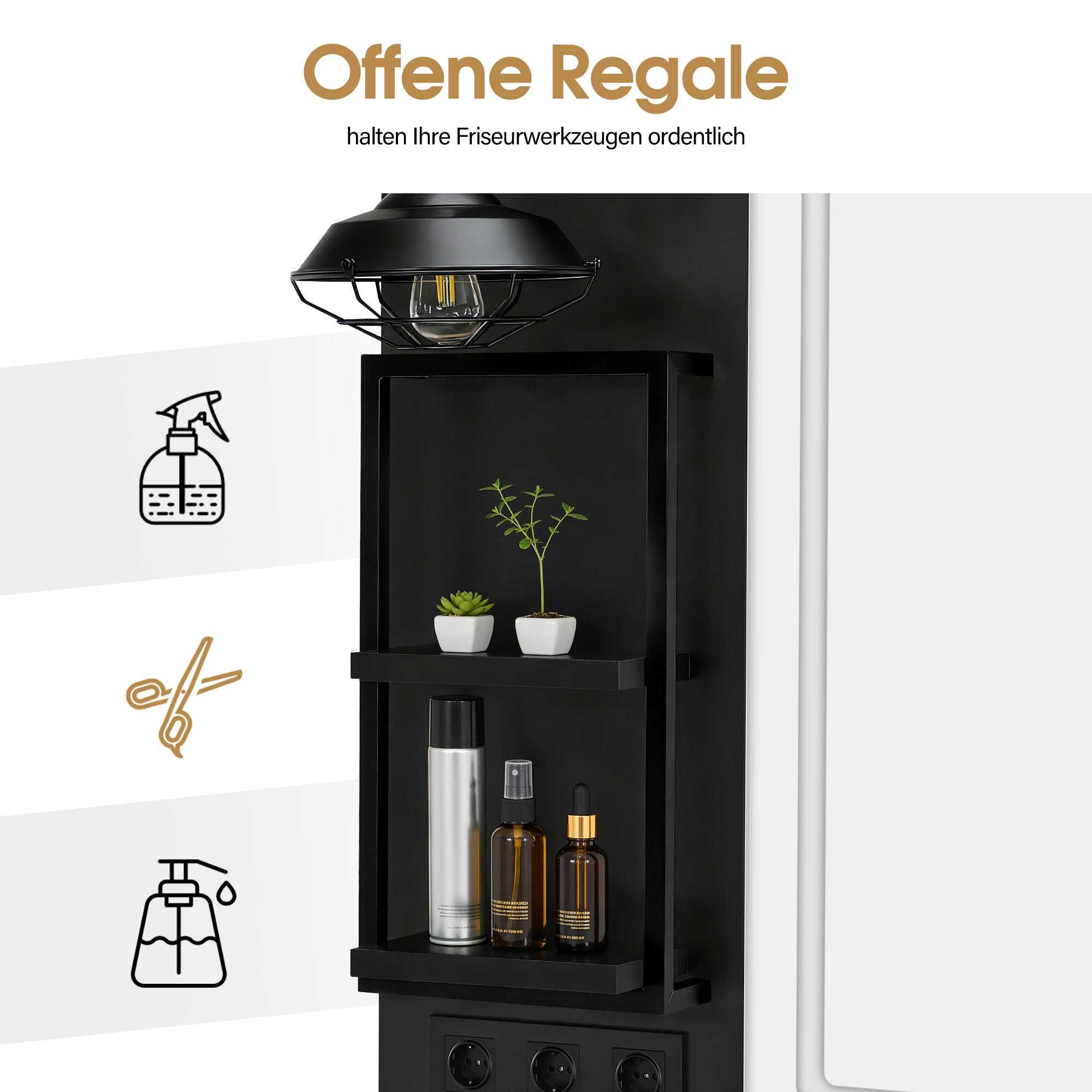 BarberPub Hairdressing Station with 4 Drawers, Vanity Table with Mirror, Styling Station with 4 Shelves & 2 Cabinets, Mirror Cabinet with Lighting, Mirror Table, Hair Salon Furniture, 3187