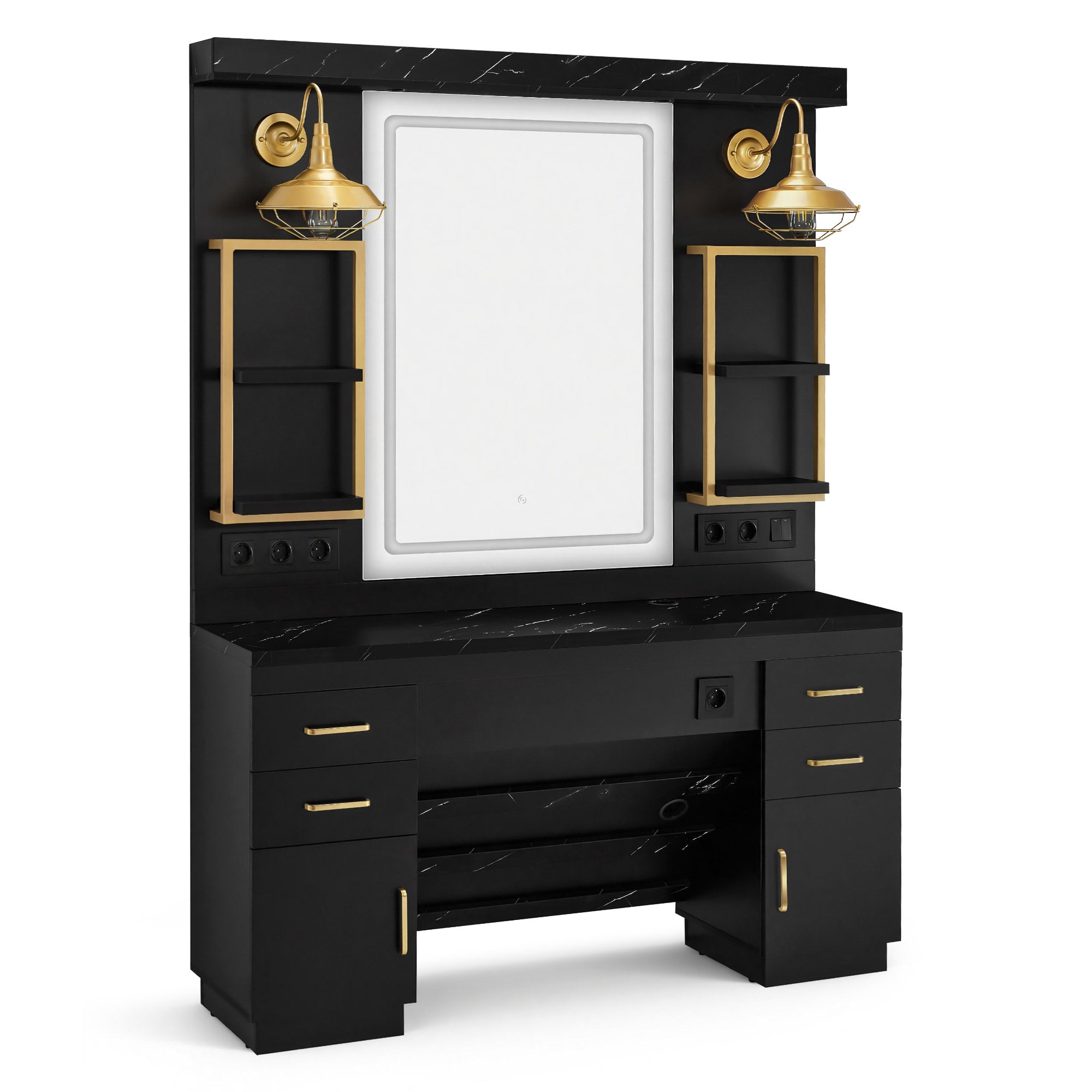 BarberPub Hairdressing Station with 4 Drawers, Vanity Table with Mirror, Styling Station with 4 Shelves & 2 Cabinets, Mirror Cabinet with Lighting, Mirror Table, Hair Salon Furniture, 3187