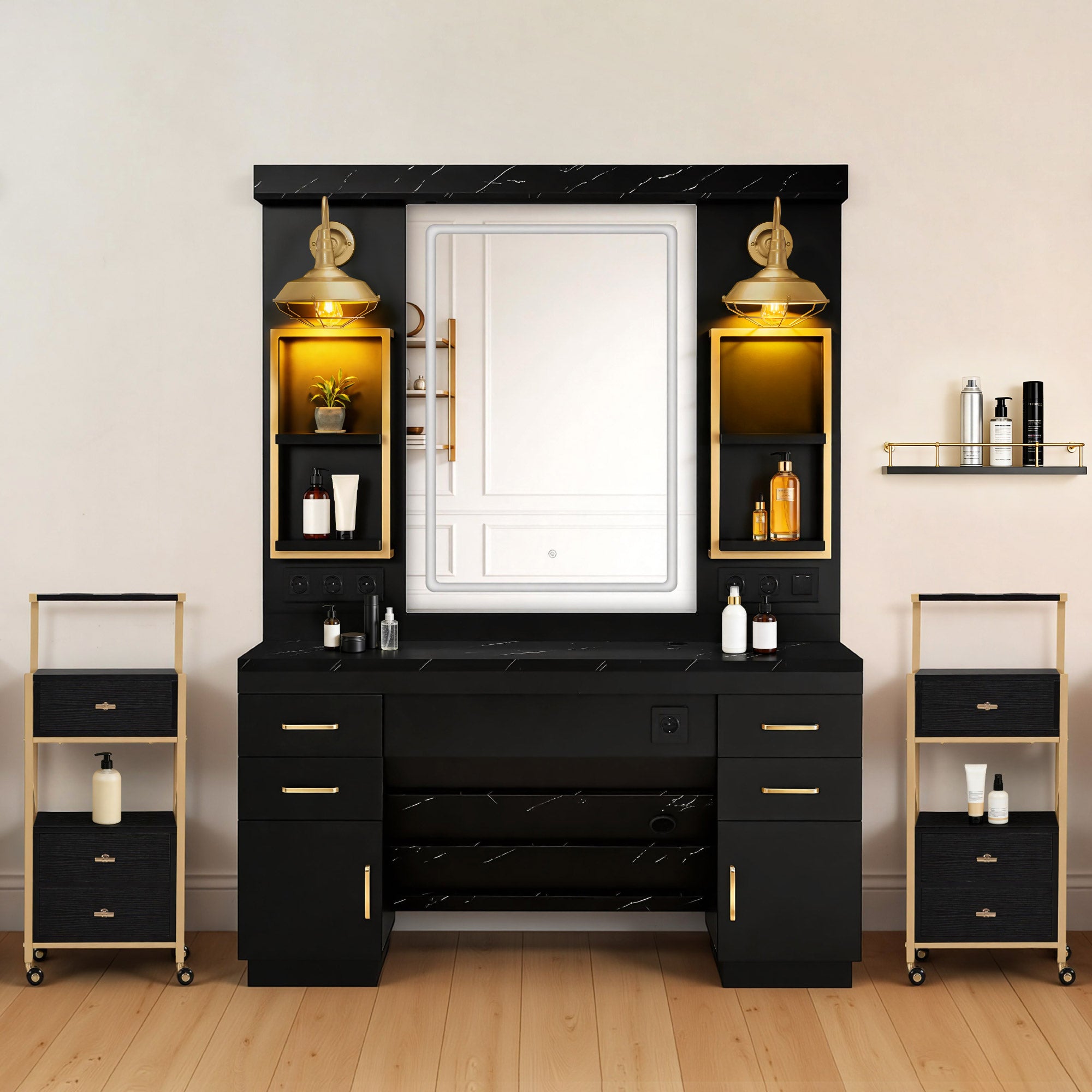 BarberPub Hairdressing Station with 4 Drawers, Vanity Table with Mirror, Styling Station with 4 Shelves & 2 Cabinets, Mirror Cabinet with Lighting, Mirror Table, Hair Salon Furniture, 3187