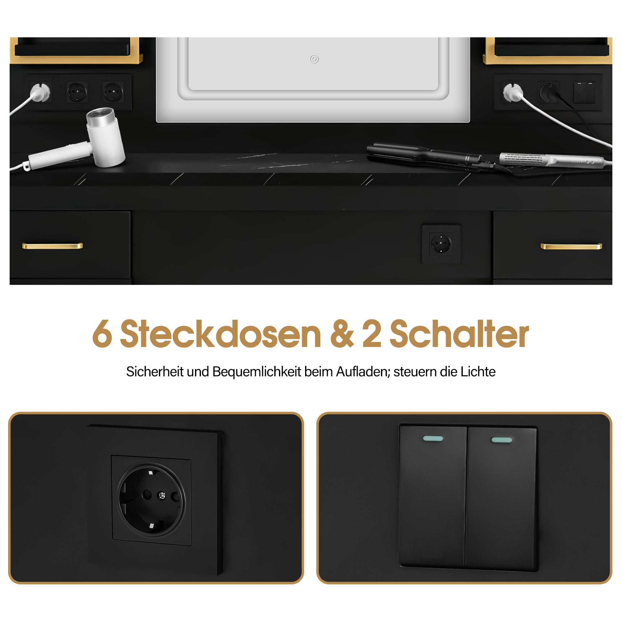 BarberPub Hairdressing Station with 4 Drawers, Vanity Table with Mirror, Styling Station with 4 Shelves & 2 Cabinets, Mirror Cabinet with Lighting, Mirror Table, Hair Salon Furniture, 3187