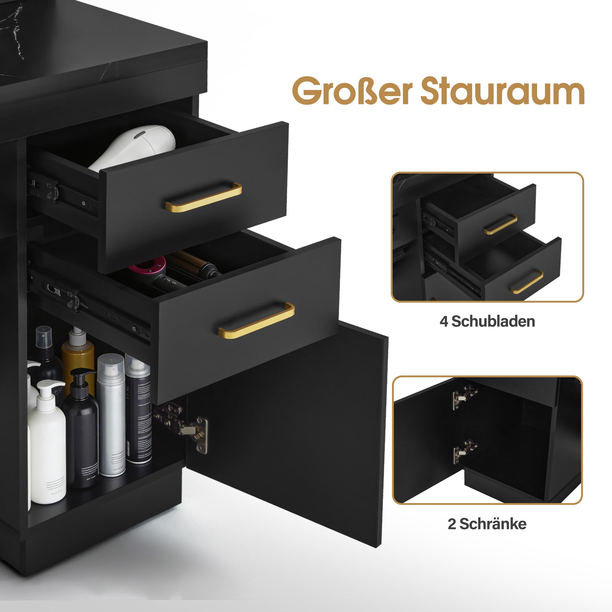 BarberPub Hairdressing Station with 4 Drawers, Vanity Table with Mirror, Styling Station with 4 Shelves & 2 Cabinets, Mirror Cabinet with Lighting, Mirror Table, Hair Salon Furniture, 3187