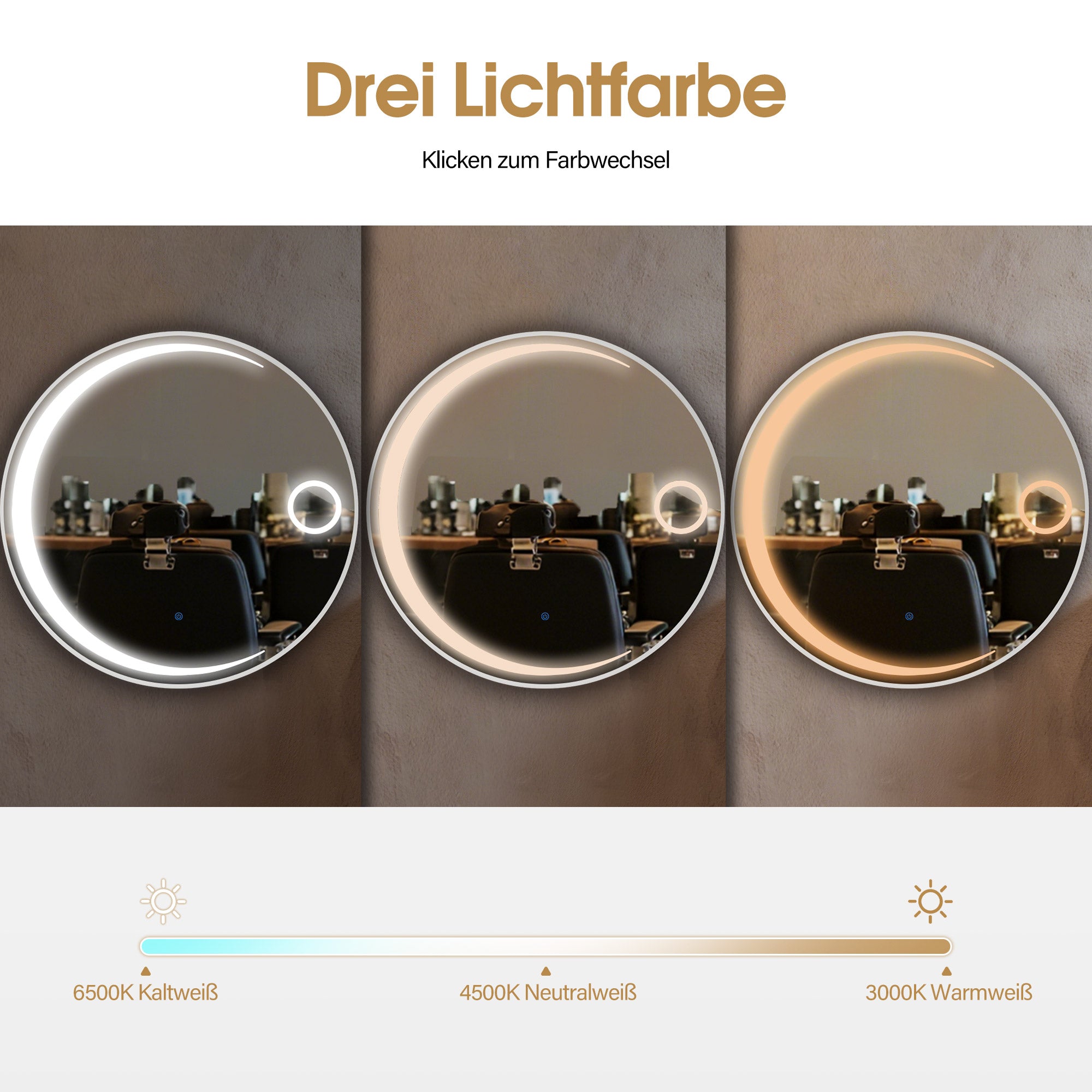 BarberPub LED Wall Mirror, Aluminum Frame Bathroom Mirror, Round Mirror with Touch Switch, 3 Dimmable Light Colors, Bathroom Mirror for Barbershop, Spa, 83x83cm, J6228 (Silver)
