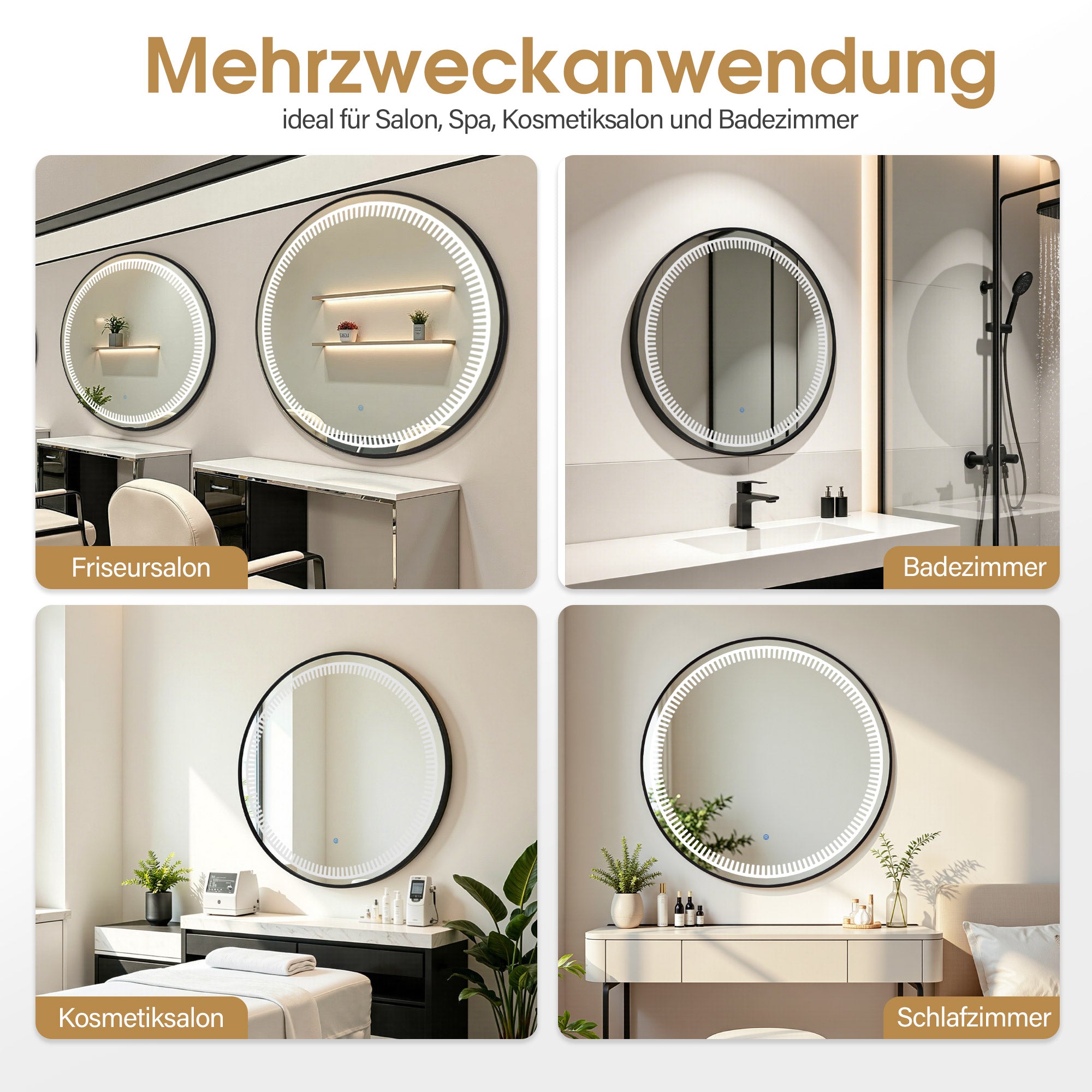 BarberPub Lighted Wall Mirror, Bathroom Mirror with Aluminum Frame, Round Mirror with Touch Switch, 3 Dimmable Light Colors, Bathroom Mirror for Barbershop, Spa, 83x83cm, J6236