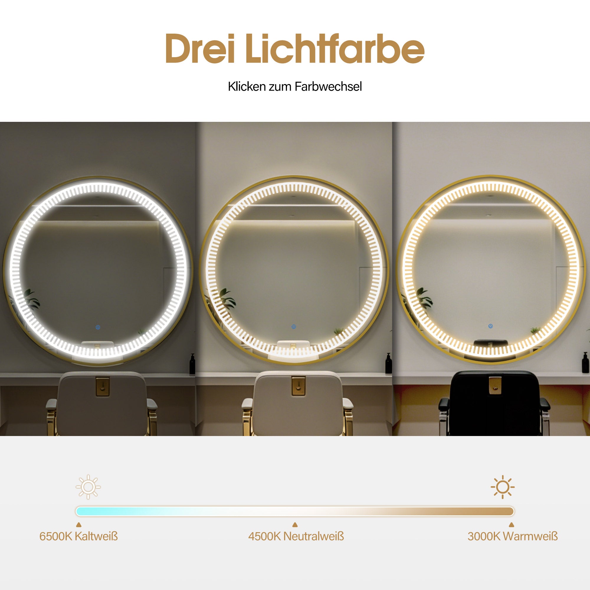 BarberPub Lighted Wall Mirror, Bathroom Mirror with Aluminum Frame, Round Mirror with Touch Switch, 3 Dimmable Light Colors, Bathroom Mirror for Barbershop, Spa, 83x83cm, J6236