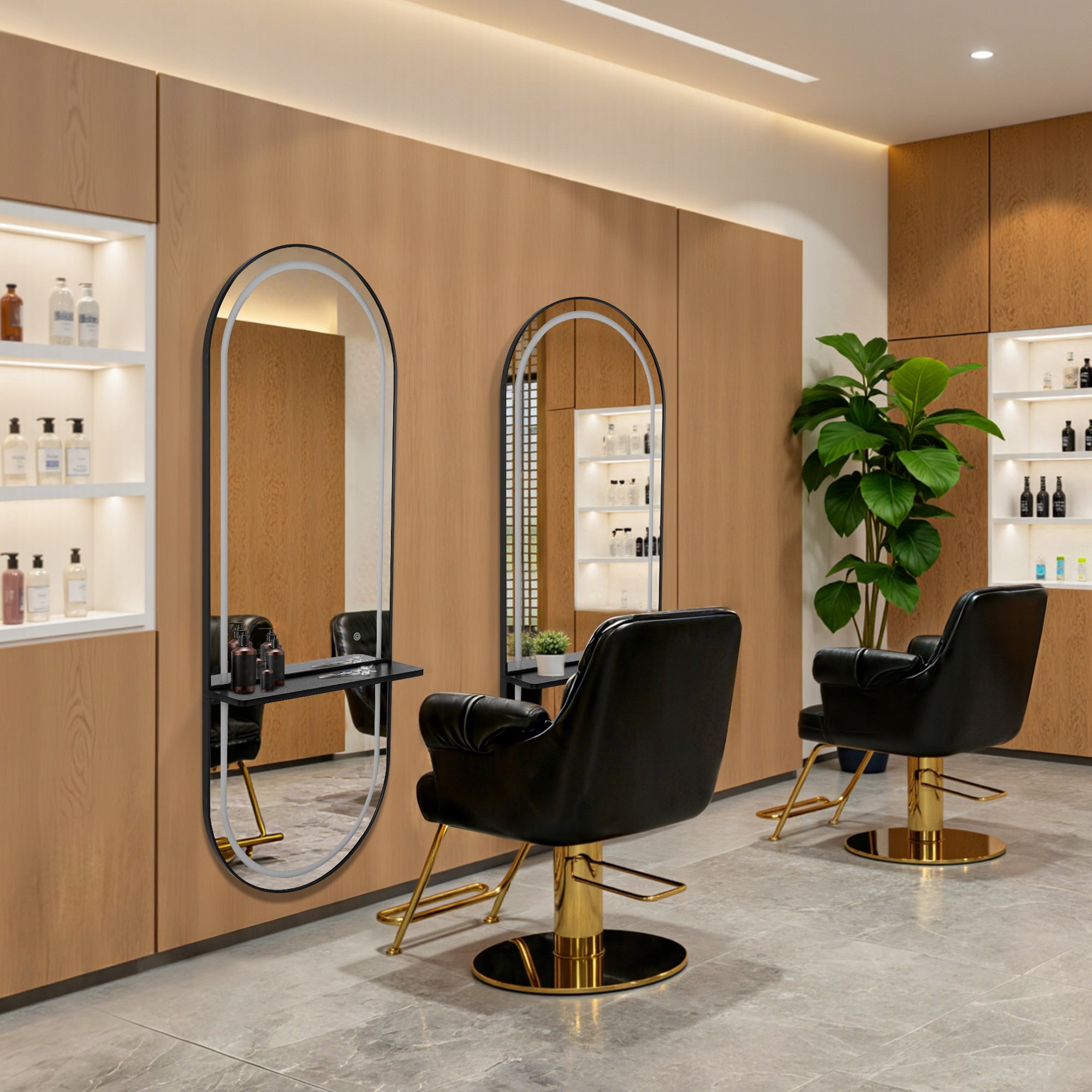 BarberPub Wandspiegel mit Beleuchtung, Ganzkörperspiegel mit Aluminiumrahmen, Großer Spiegel mit Ablage, Touch-Schalter, 3 Lichtfarben Dimmbar, für Friseursalon, 17x65x177 cm, J6270