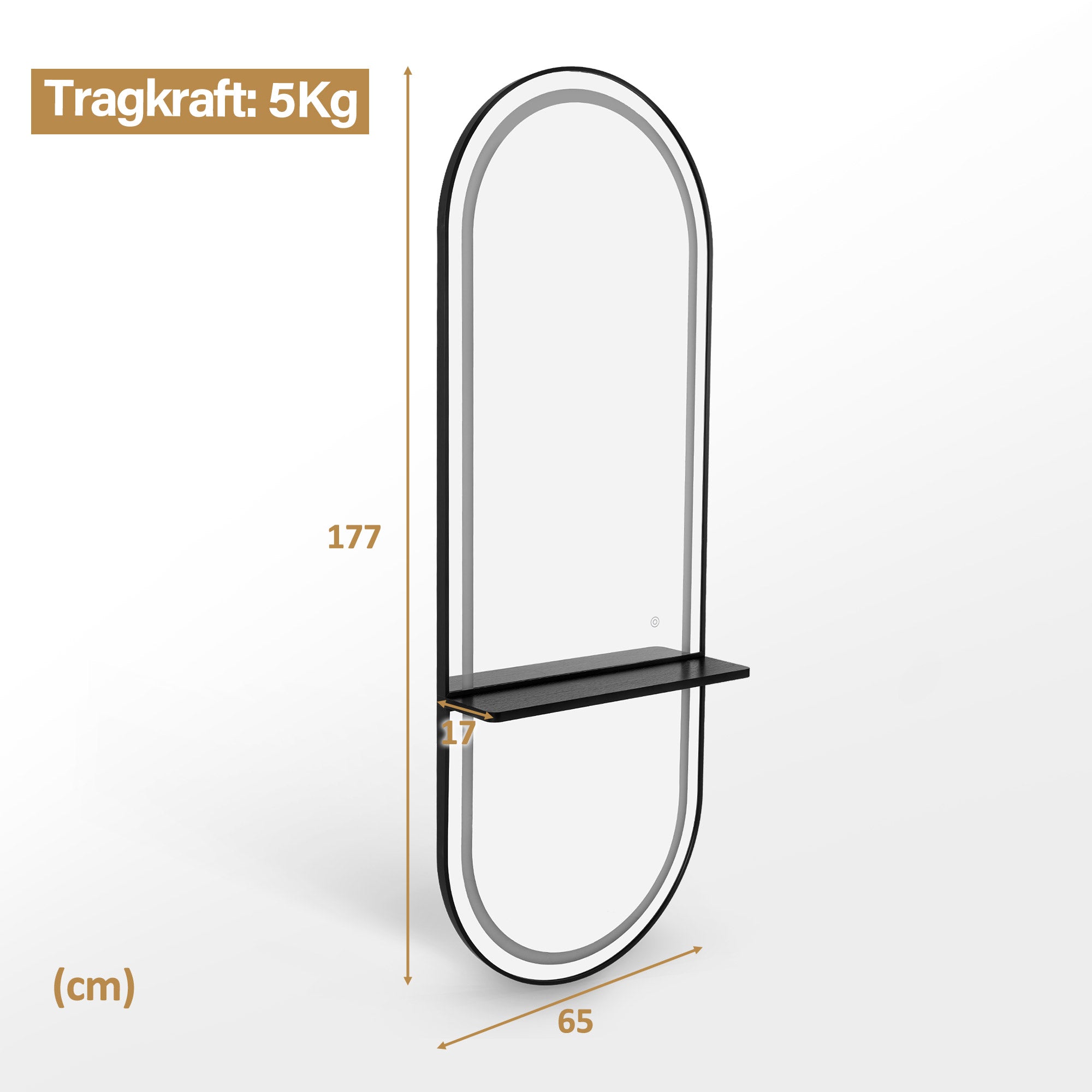 BarberPub Wandspiegel mit Beleuchtung, Ganzkörperspiegel mit Aluminiumrahmen, Großer Spiegel mit Ablage, Touch-Schalter, 3 Lichtfarben Dimmbar, für Friseursalon, 17x65x177 cm, J6270