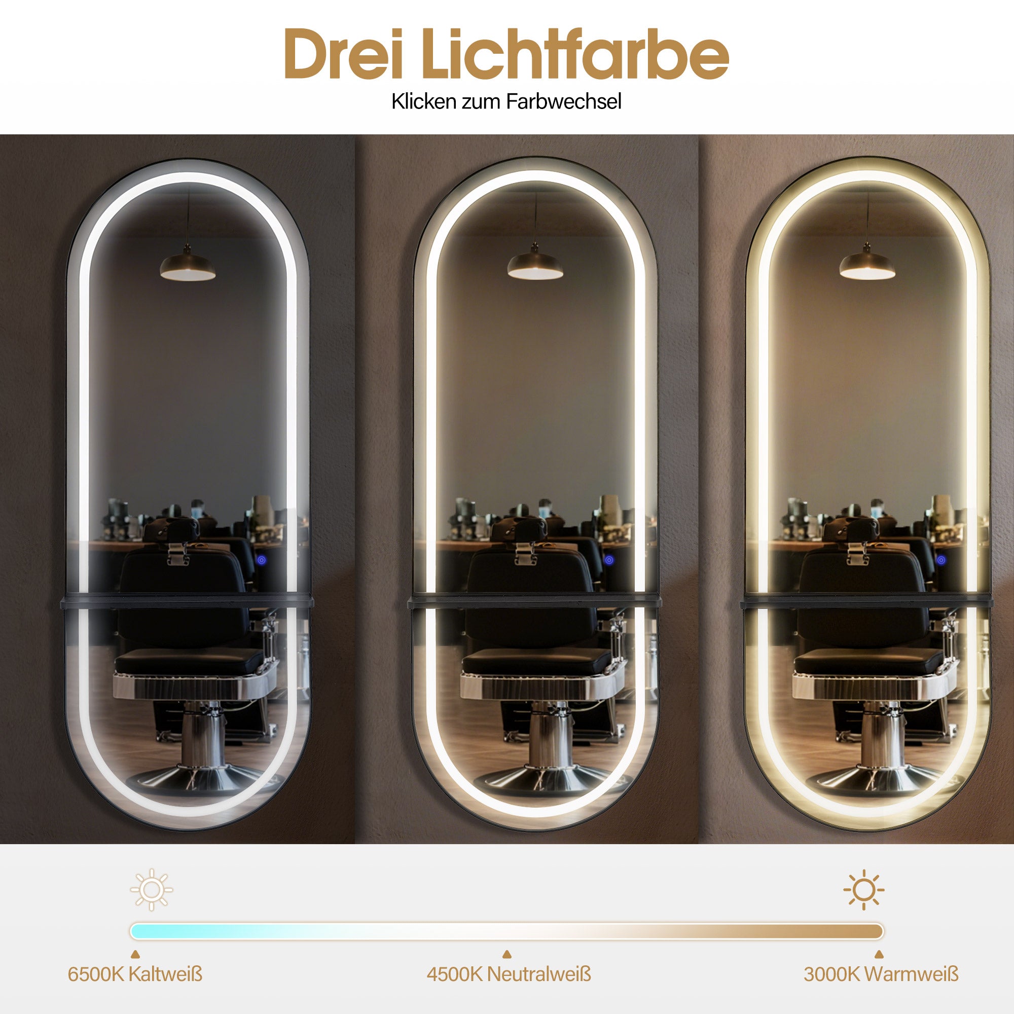 BarberPub Wandspiegel mit Beleuchtung, Ganzkörperspiegel mit Aluminiumrahmen, Großer Spiegel mit Ablage, Touch-Schalter, 3 Lichtfarben Dimmbar, für Friseursalon, 17x65x177 cm, J6270