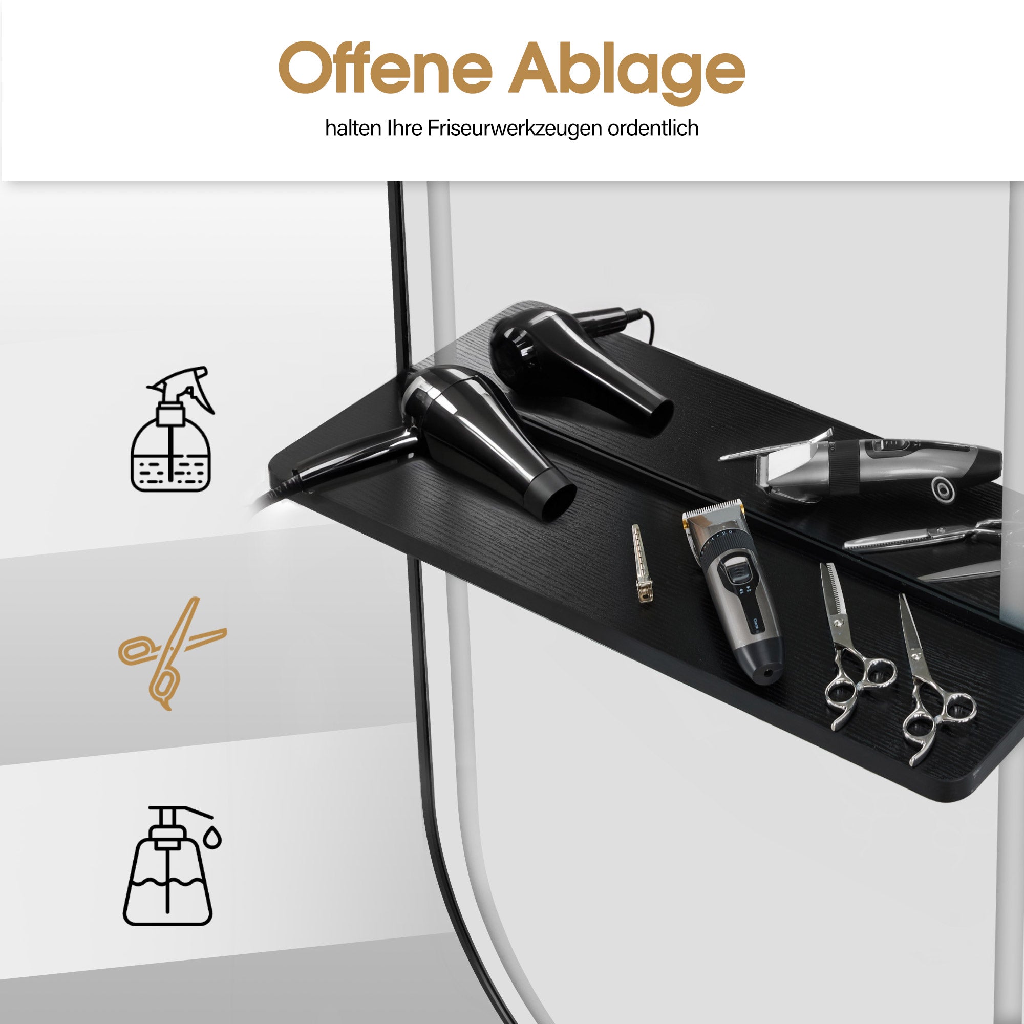 BarberPub Wandspiegel mit Beleuchtung, Ganzkörperspiegel mit Aluminiumrahmen, Großer Spiegel mit Ablage, Touch-Schalter, 3 Lichtfarben Dimmbar, für Friseursalon, 17x65x177 cm, J6270