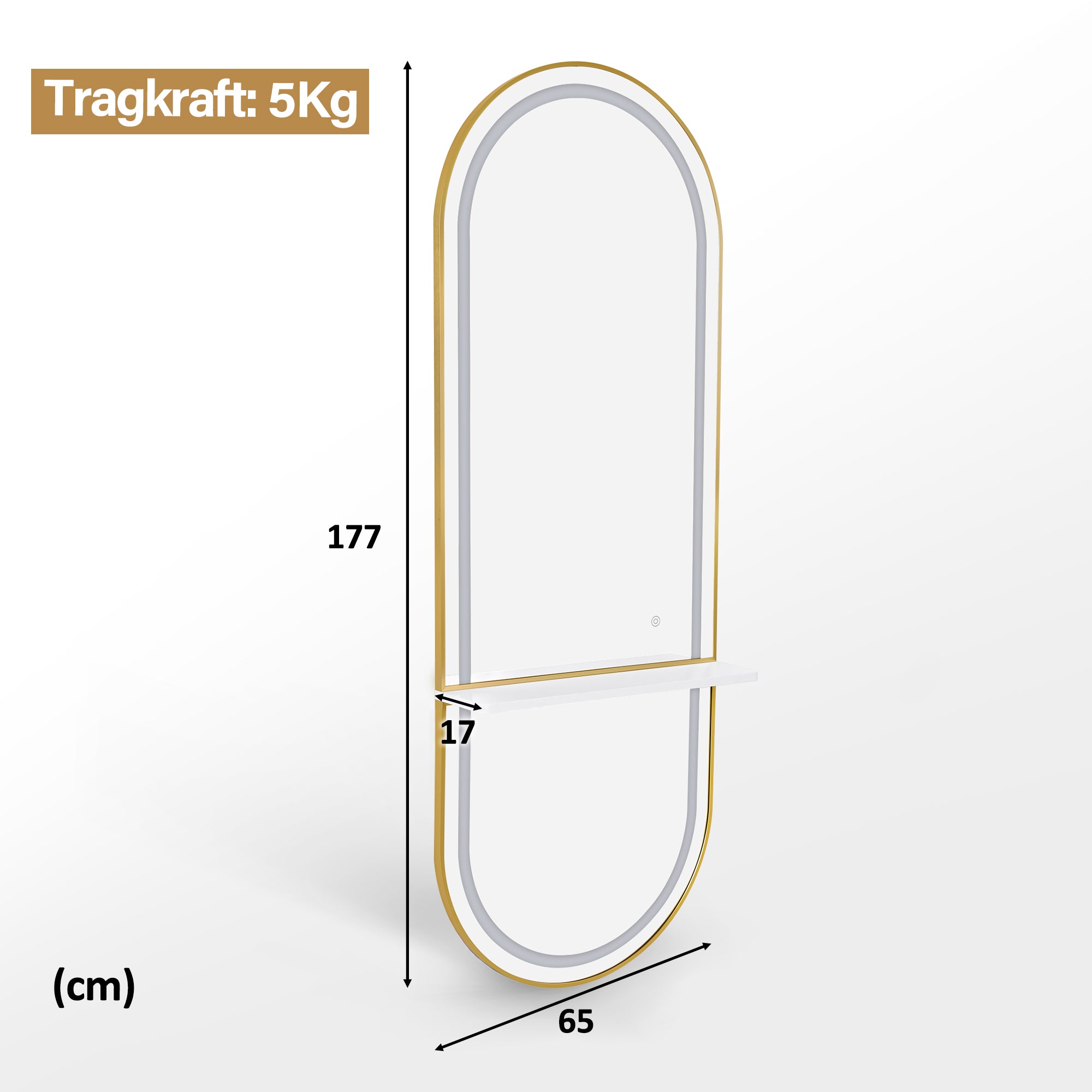BarberPub Wandspiegel mit Beleuchtung, Ganzkörperspiegel mit Aluminiumrahmen, Großer Spiegel mit Ablage, Touch-Schalter, 3 Lichtfarben Dimmbar, für Friseursalon, 17x65x177 cm, J6270