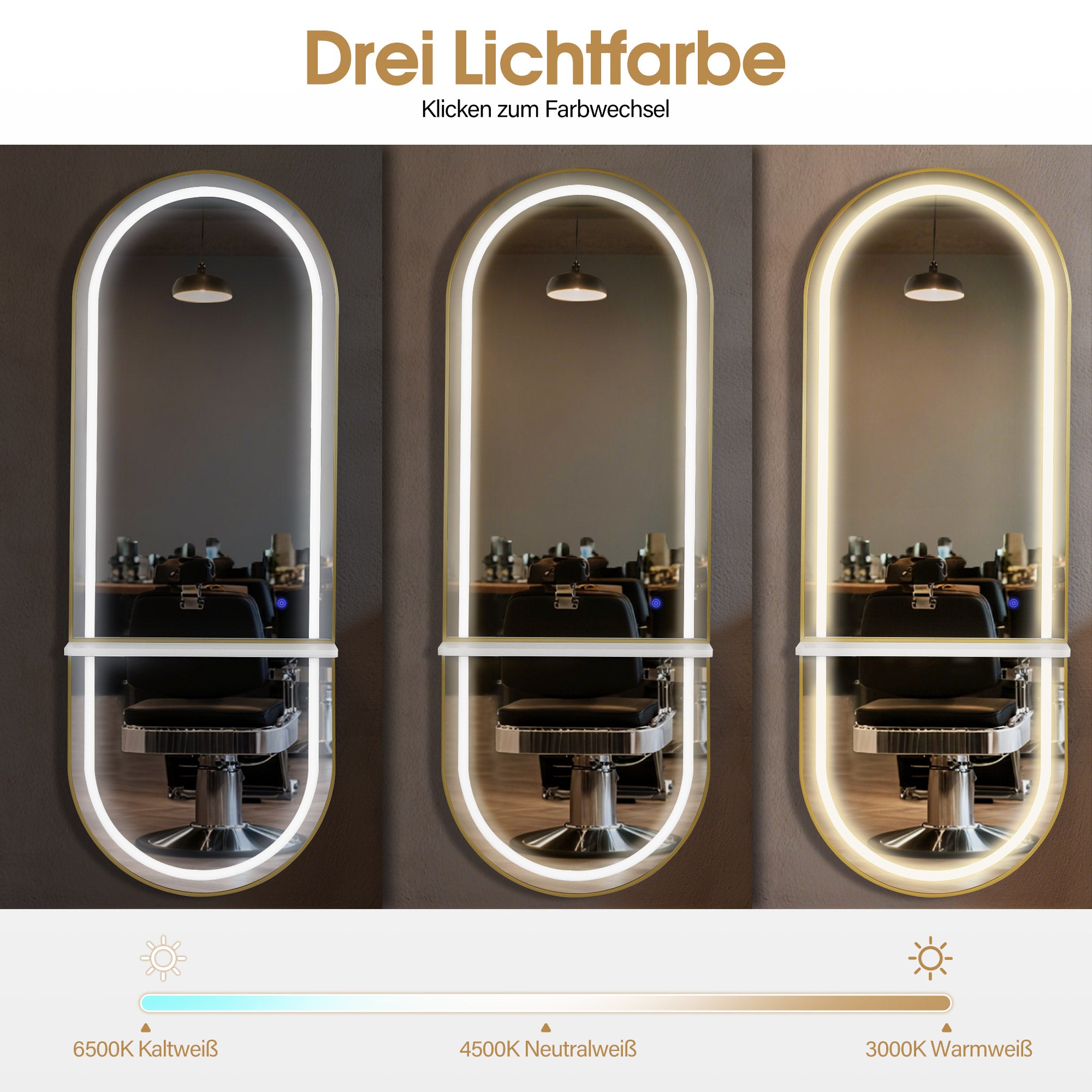 BarberPub Wandspiegel mit Beleuchtung, Ganzkörperspiegel mit Aluminiumrahmen, Großer Spiegel mit Ablage, Touch-Schalter, 3 Lichtfarben Dimmbar, für Friseursalon, 17x65x177 cm, J6270