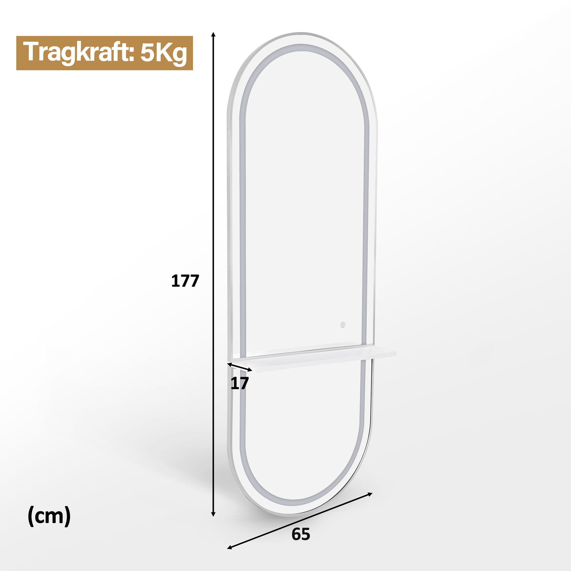 BarberPub Wandspiegel mit Beleuchtung, Ganzkörperspiegel mit Aluminiumrahmen, Großer Spiegel mit Ablage, Touch-Schalter, 3 Lichtfarben Dimmbar, für Friseursalon, 17x65x177 cm, J6270