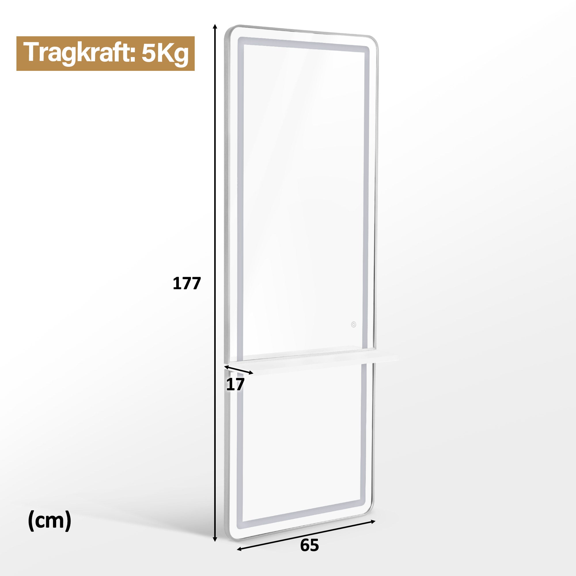 BarberPub Wandspiegel mit Beleuchtung, Ganzkörperspiegel mit Aluminiumrahmen, Großer Spiegel mit Ablage, Touch-Schalter, 3 Lichtfarben Dimmbar, für Friseursalon, 17x65x177 cm, J6271