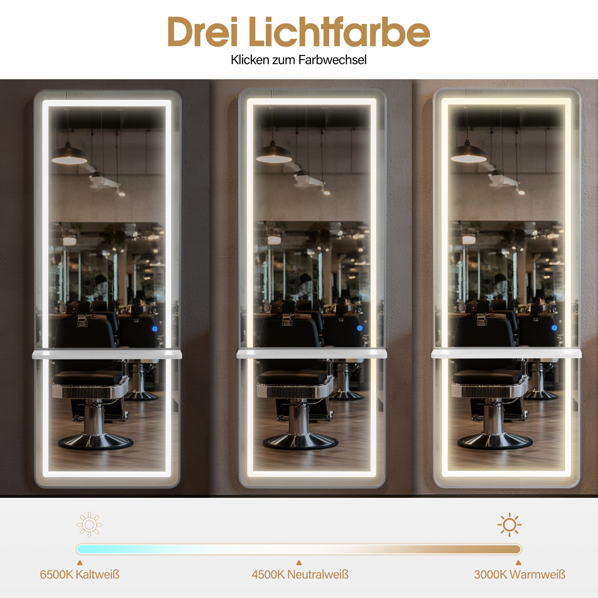 BarberPub Wandspiegel mit Beleuchtung, Ganzkörperspiegel mit Aluminiumrahmen, Großer Spiegel mit Ablage, Touch-Schalter, 3 Lichtfarben Dimmbar, für Friseursalon, 17x65x177 cm, J6271