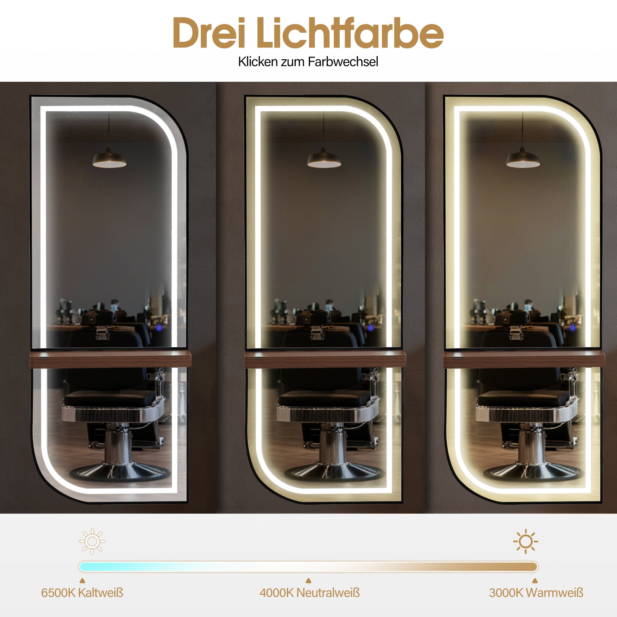BarberPub Wandspiegel mit Beleuchtung, Ganzkörperspiegel mit Aluminiumrahmen, Großer Spiegel mit Ablage, Touch-Schalter, 3 Lichtfarben Dimmbar, für Friseursalon, J6298