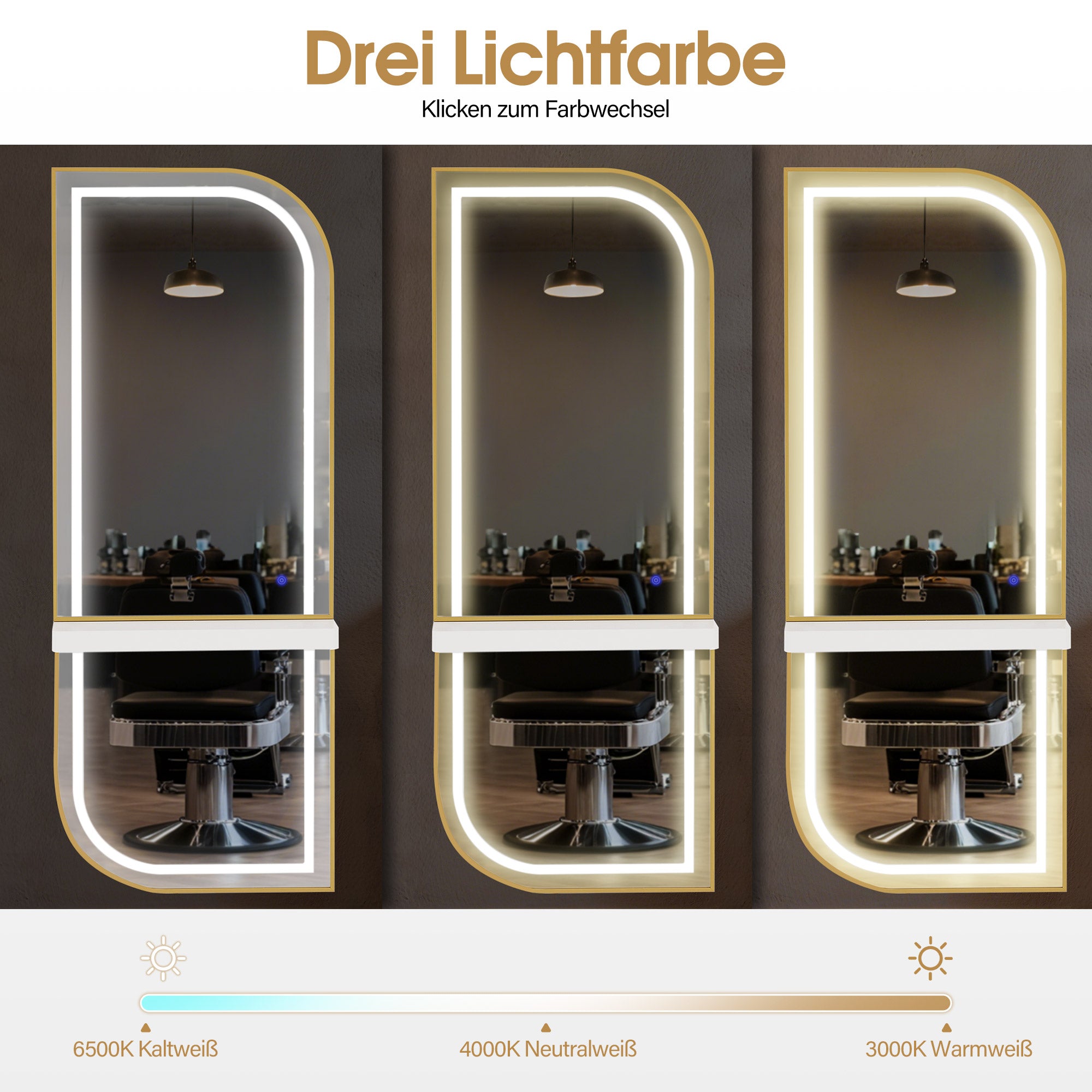 BarberPub Wandspiegel mit Beleuchtung, Ganzkörperspiegel mit Aluminiumrahmen, Großer Spiegel mit Ablage, Touch-Schalter, 3 Lichtfarben Dimmbar, für Friseursalon, J6298