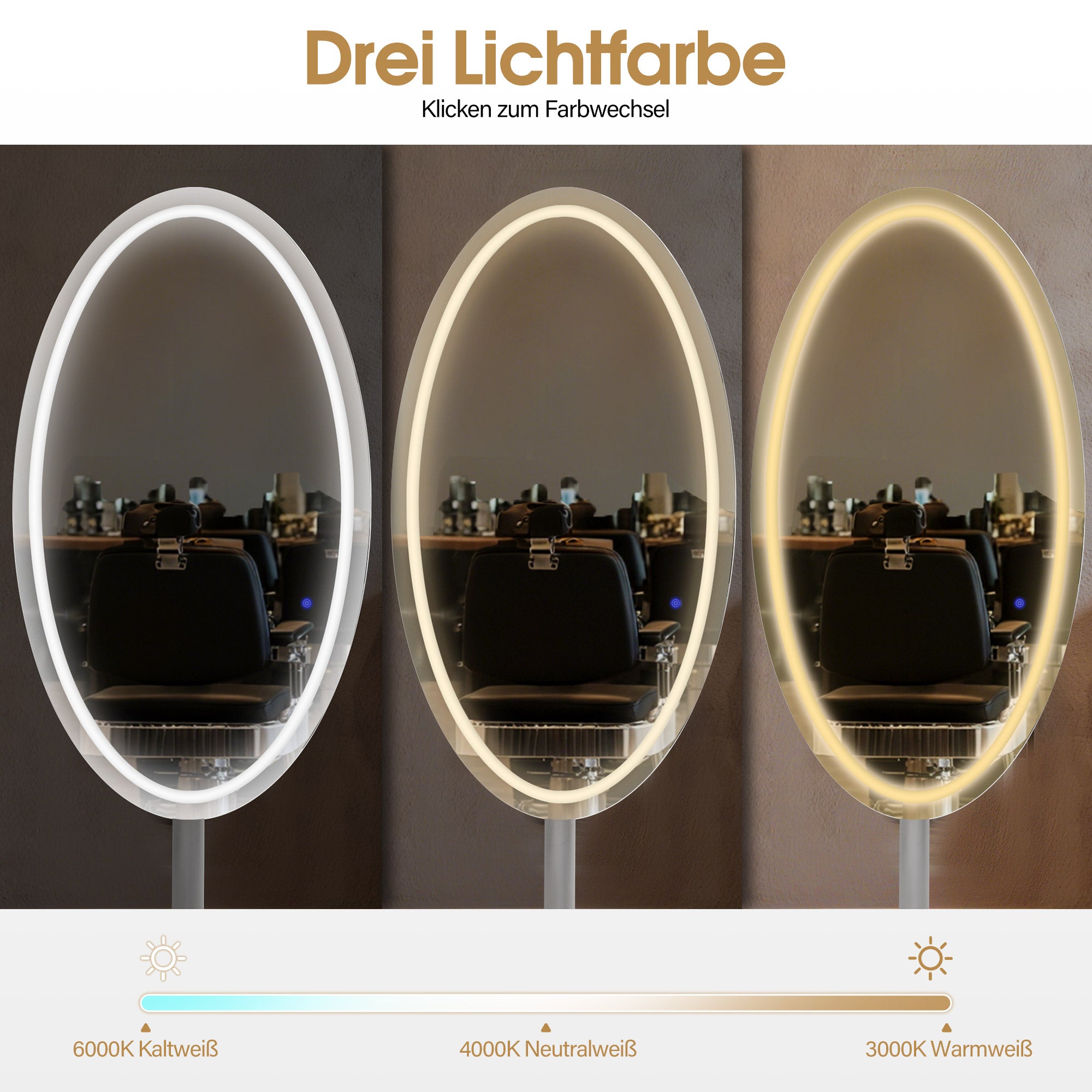 BarberPub Full-Length Mirror with Lights, Full Body Mirror with Stainless Steel, Large Double-Sided Mirror with Base, Touch Switch, 3 Dimmable Light Colors, for Hair Salon, 60x60x192 cm, J8363 (Silver)