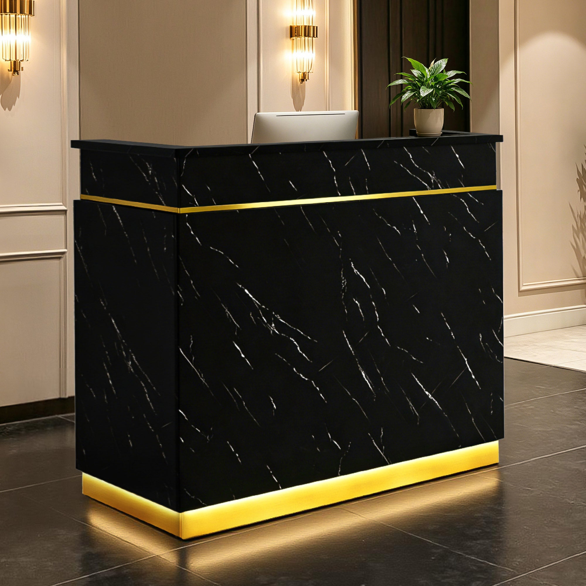 BarberPub Empfangstheke mit 3 Schubladen & 1 Schrank, Empfangstisch mit Beleuchtung, Empfangstresen Abschließbar, Rezeptionstheke Kassentheke für Friseursalon, 55x120x107 cm, R9759