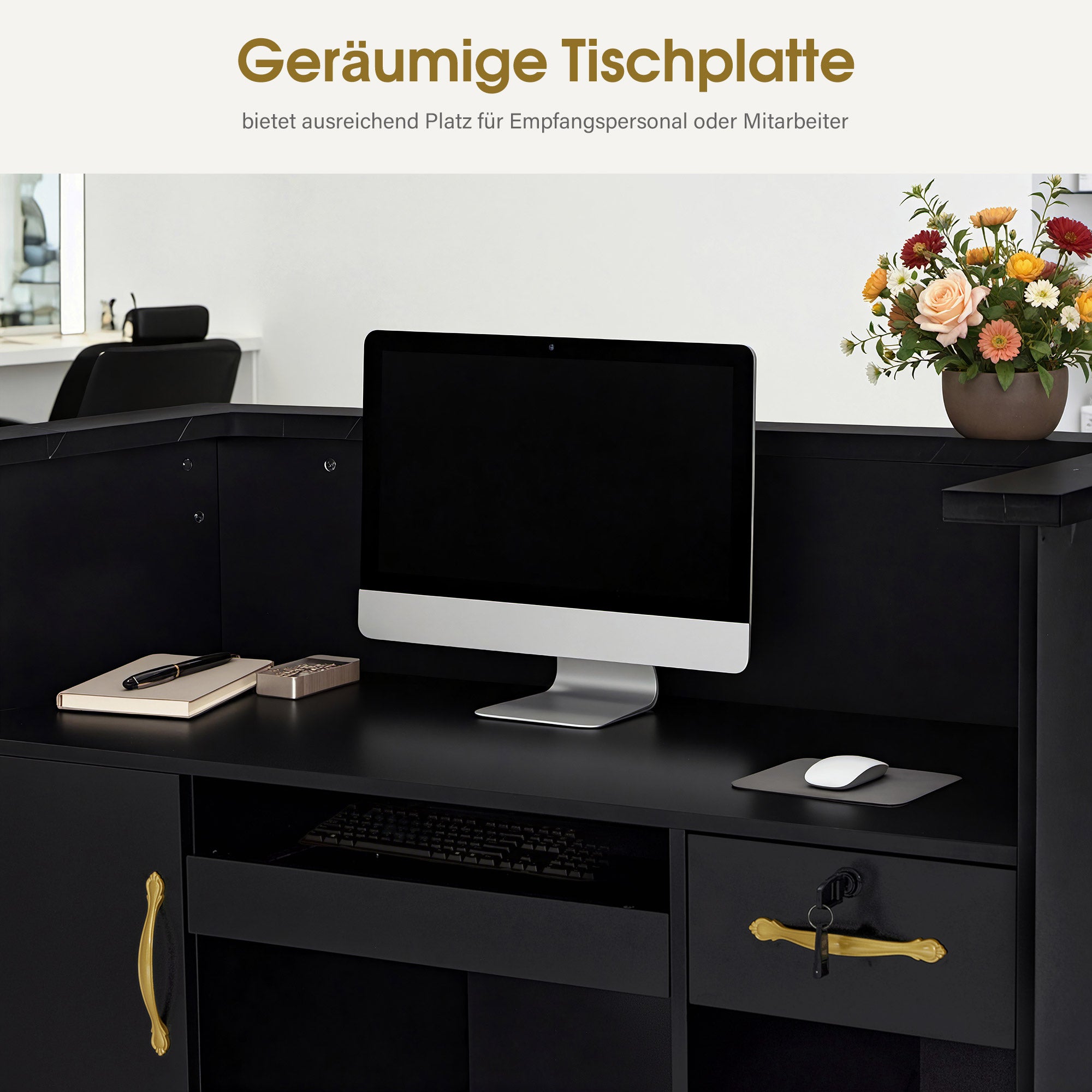 BarberPub Reception Desk with 2 Drawers & 3 Cabinets, Lockable Reception Table, Wooden Reception Counter, Reception Desk Cashier Desk for Hair Salon, 53x120x110cm, R9773 (Black-Gold)