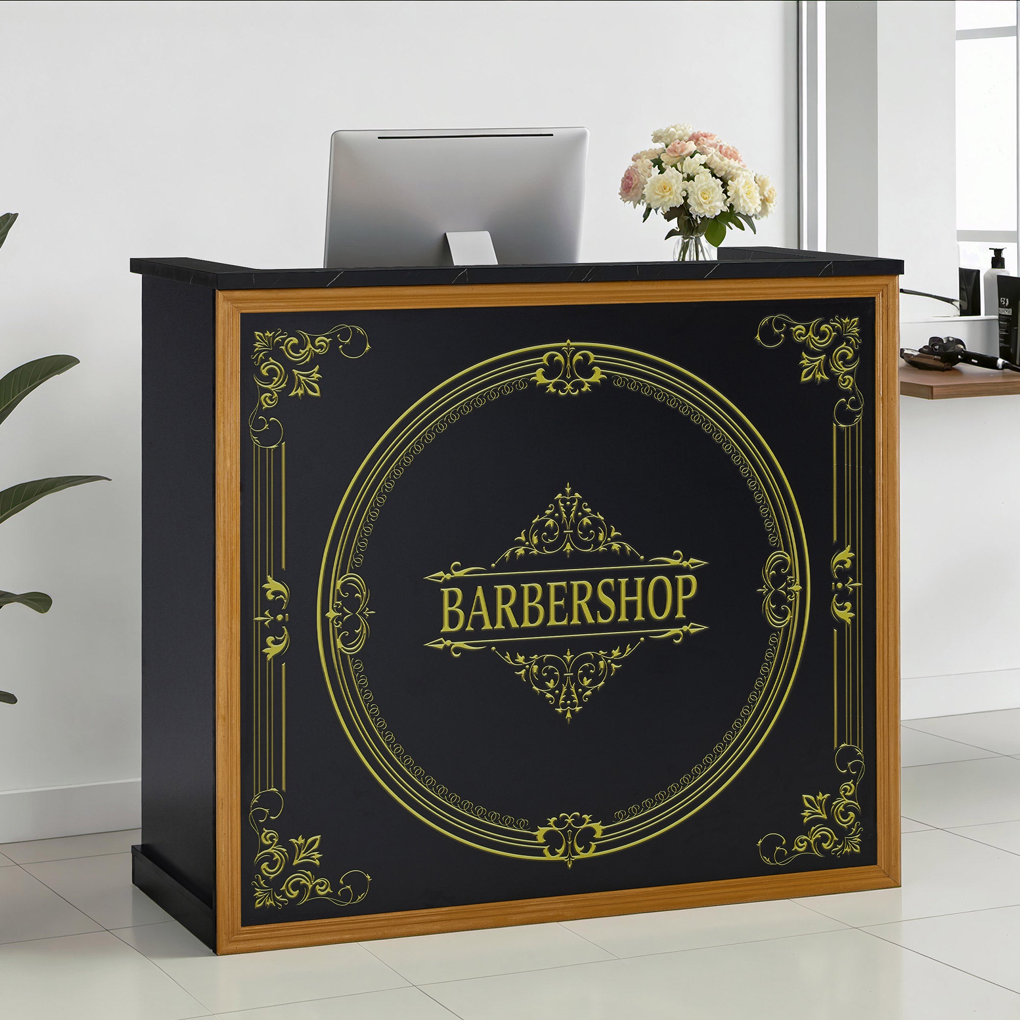 BarberPub Reception Desk with 2 Drawers & 3 Cabinets, Lockable Reception Table, Wooden Reception Counter, Reception Desk Cashier Desk for Hair Salon, 53x120x110cm, R9773 (Black-Gold)