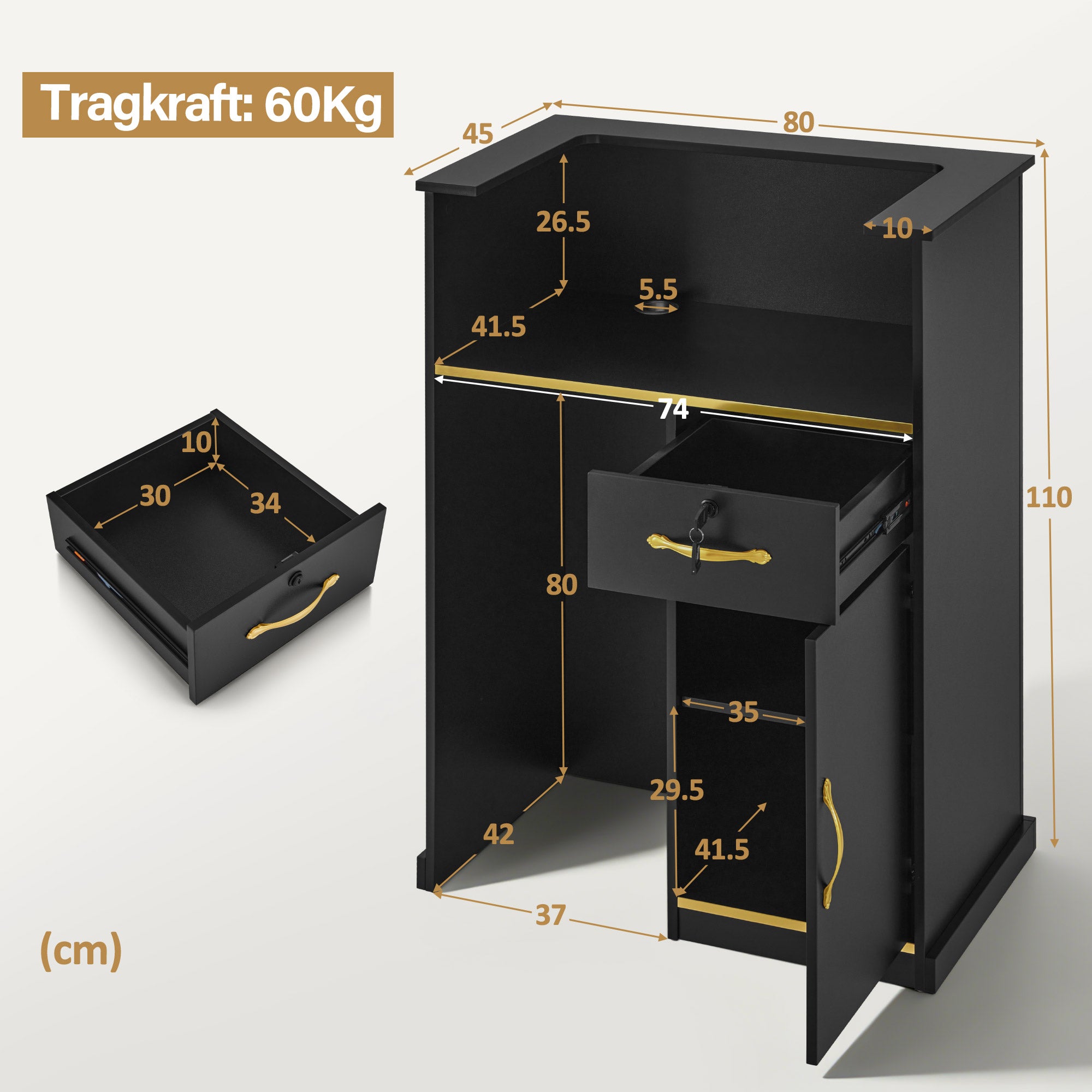 BarberPub Empfangstheke mit 1 Schublade & 1 Schrank, Empfangstisch Abschließbar, Empfangstresen Holz, Rezeptionstisch Rezeptionstheke Schmal, Kassentheke für Friseursalon, 45x80x110 cm, R9788(Schwarz)