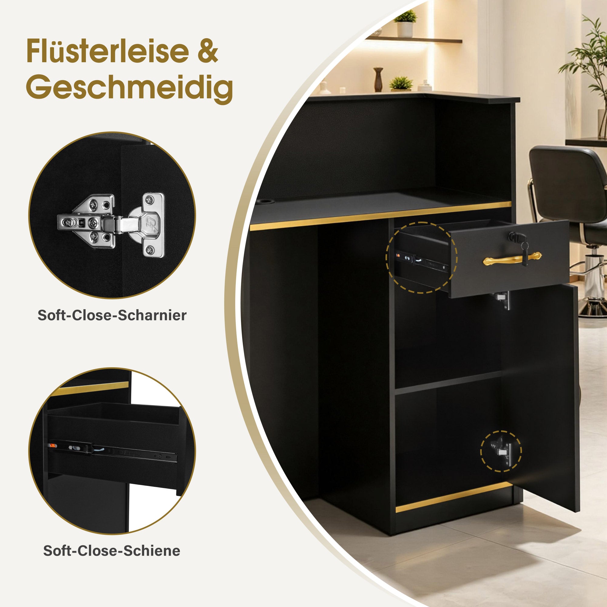 BarberPub Empfangstheke mit 1 Schublade & 1 Schrank, Empfangstisch Abschließbar, Empfangstresen Holz, Rezeptionstisch Rezeptionstheke Schmal, Kassentheke für Friseursalon, 45x80x110 cm, R9788(Schwarz)