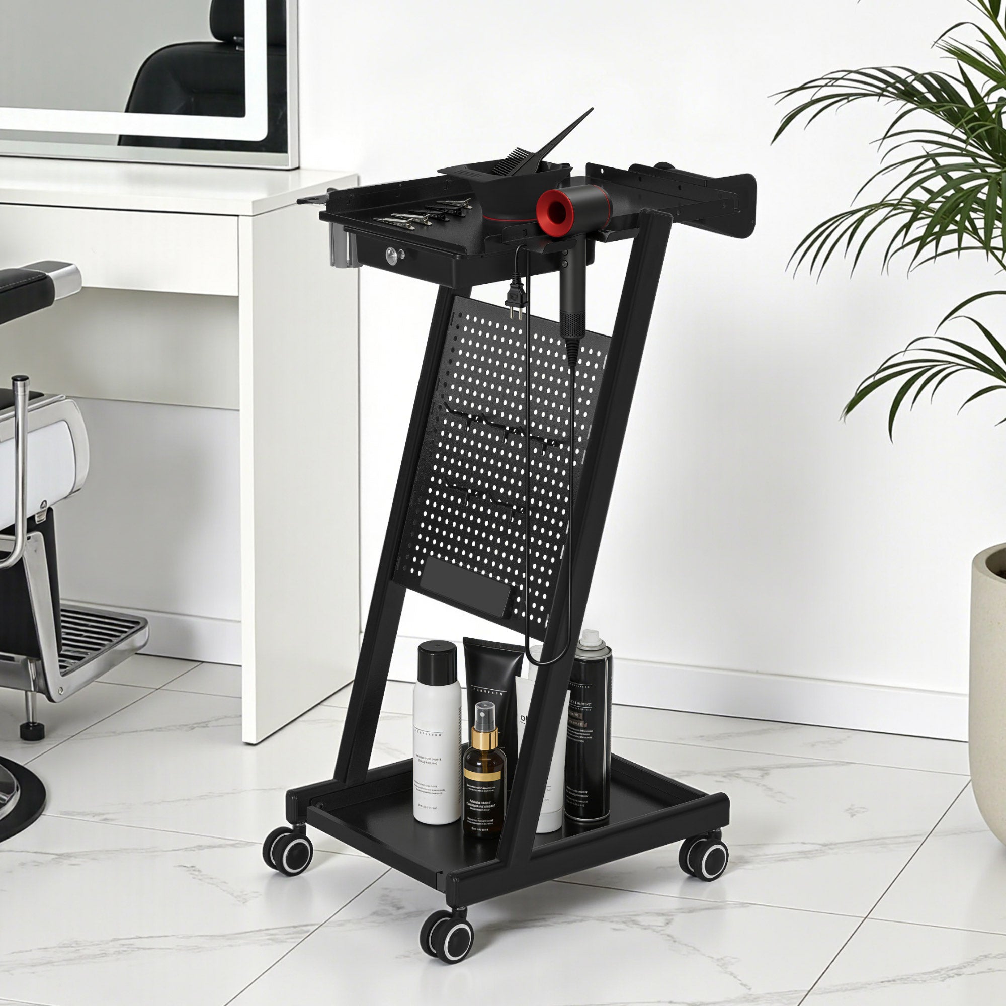 BarberPub Chariot de Coiffure avec Tiroir & 2 Étagères, Chariot de Travail de Coiffure avec Bol de Coloration, Support de Feuilles & 5 Crochets, Chariot de Salon de Beauté en Métal, Desserte à roulettes 47x39x94cm, 0085 (Noir)