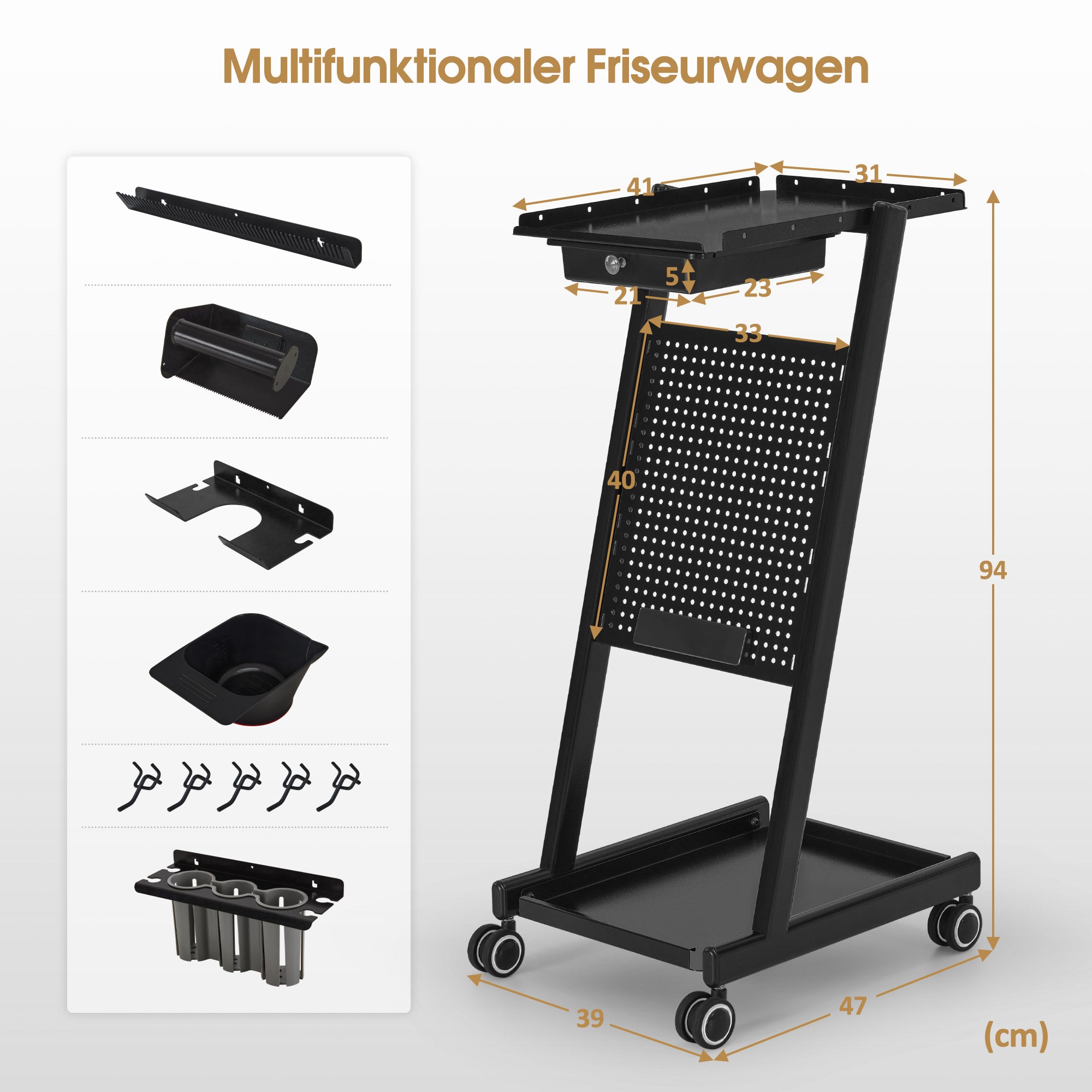 BarberPub Chariot de Coiffure avec Tiroir & 2 Étagères, Chariot de Travail de Coiffure avec Bol de Coloration, Support de Feuilles & 5 Crochets, Chariot de Salon de Beauté en Métal, Desserte à roulettes 47x39x94cm, 0085 (Noir)