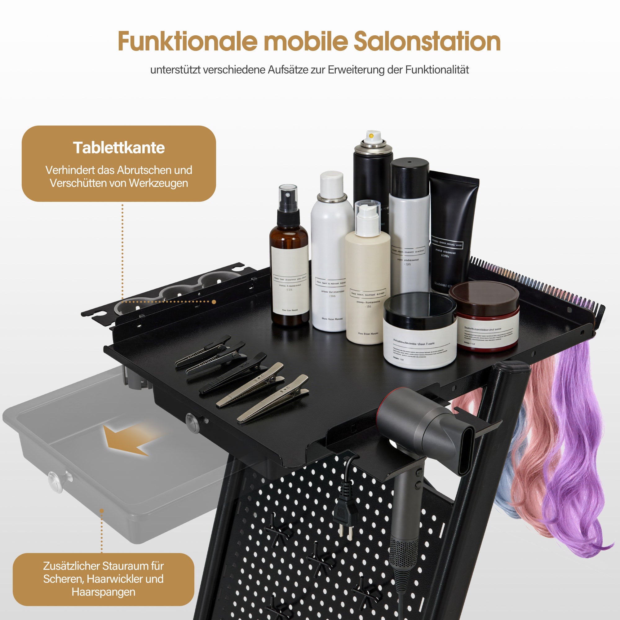 BarberPub Chariot de Coiffure avec Tiroir & 2 Étagères, Chariot de Travail de Coiffure avec Bol de Coloration, Support de Feuilles & 5 Crochets, Chariot de Salon de Beauté en Métal, Desserte à roulettes 47x39x94cm, 0085 (Noir)