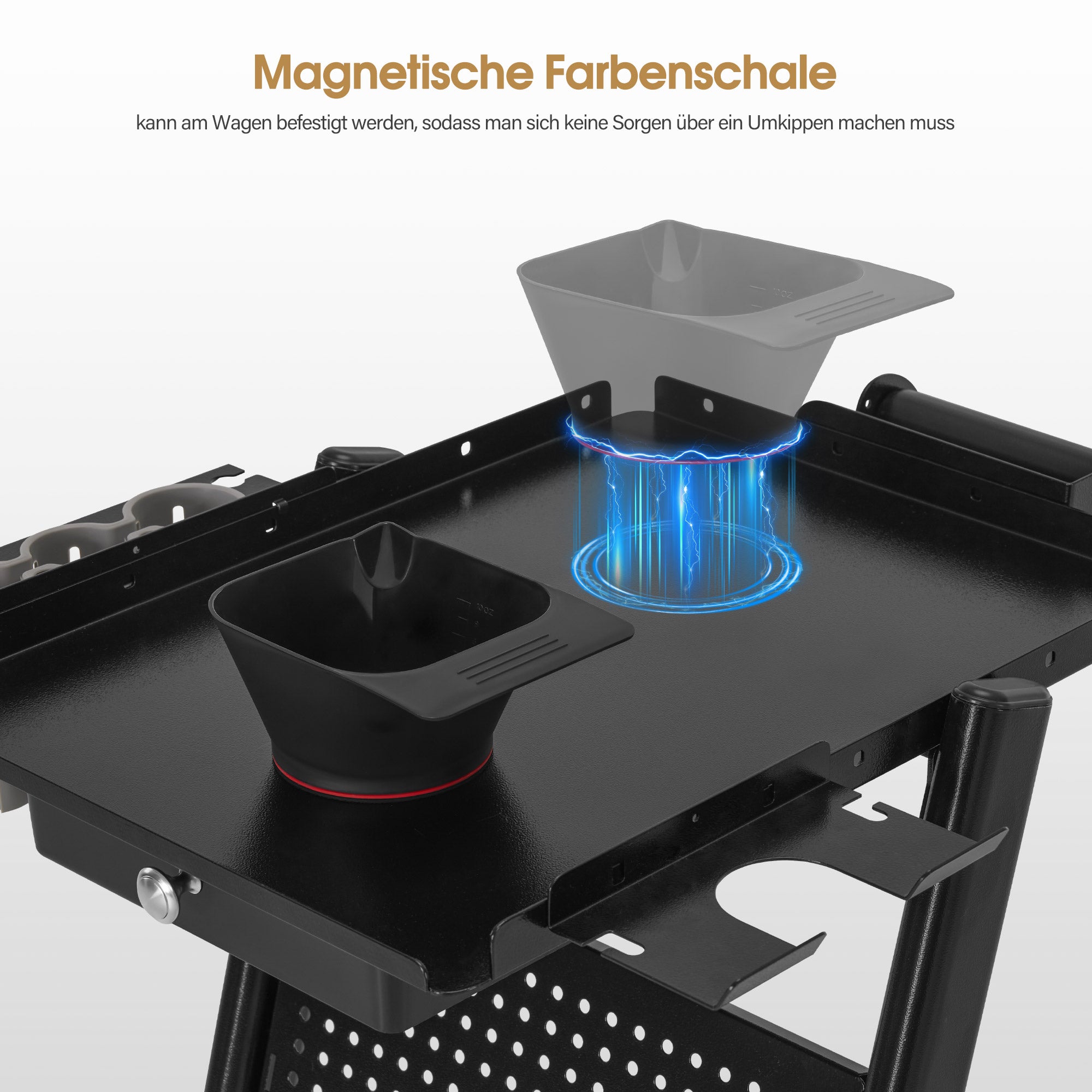 BarberPub Chariot de Coiffure avec Tiroir & 2 Étagères, Chariot de Travail de Coiffure avec Bol de Coloration, Support de Feuilles & 5 Crochets, Chariot de Salon de Beauté en Métal, Desserte à roulettes 47x39x94cm, 0085 (Noir)