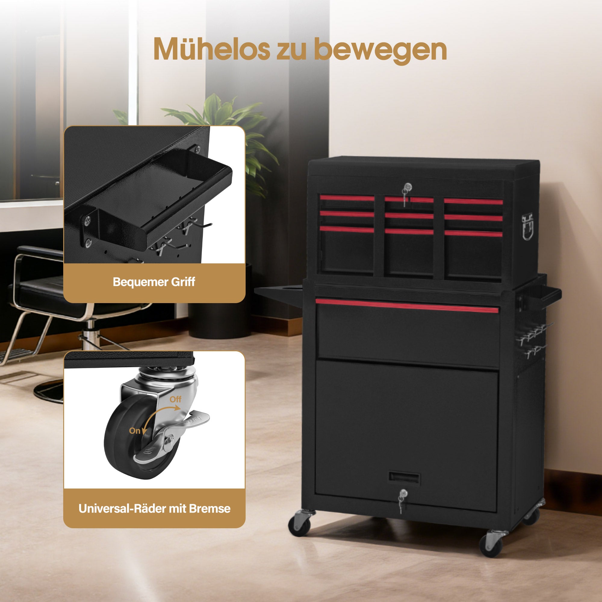 BarberPub 2 in 1 Friseurwagen mit 5 Schubladen, Schrank & 6 Haken, Bedienungswagen mit Rollen, Friseur Arbeitswagen Abschließbar, Beauty Salon Trolley Metall, Rollwagen Stapelboy, 33x70x108cm, 0097