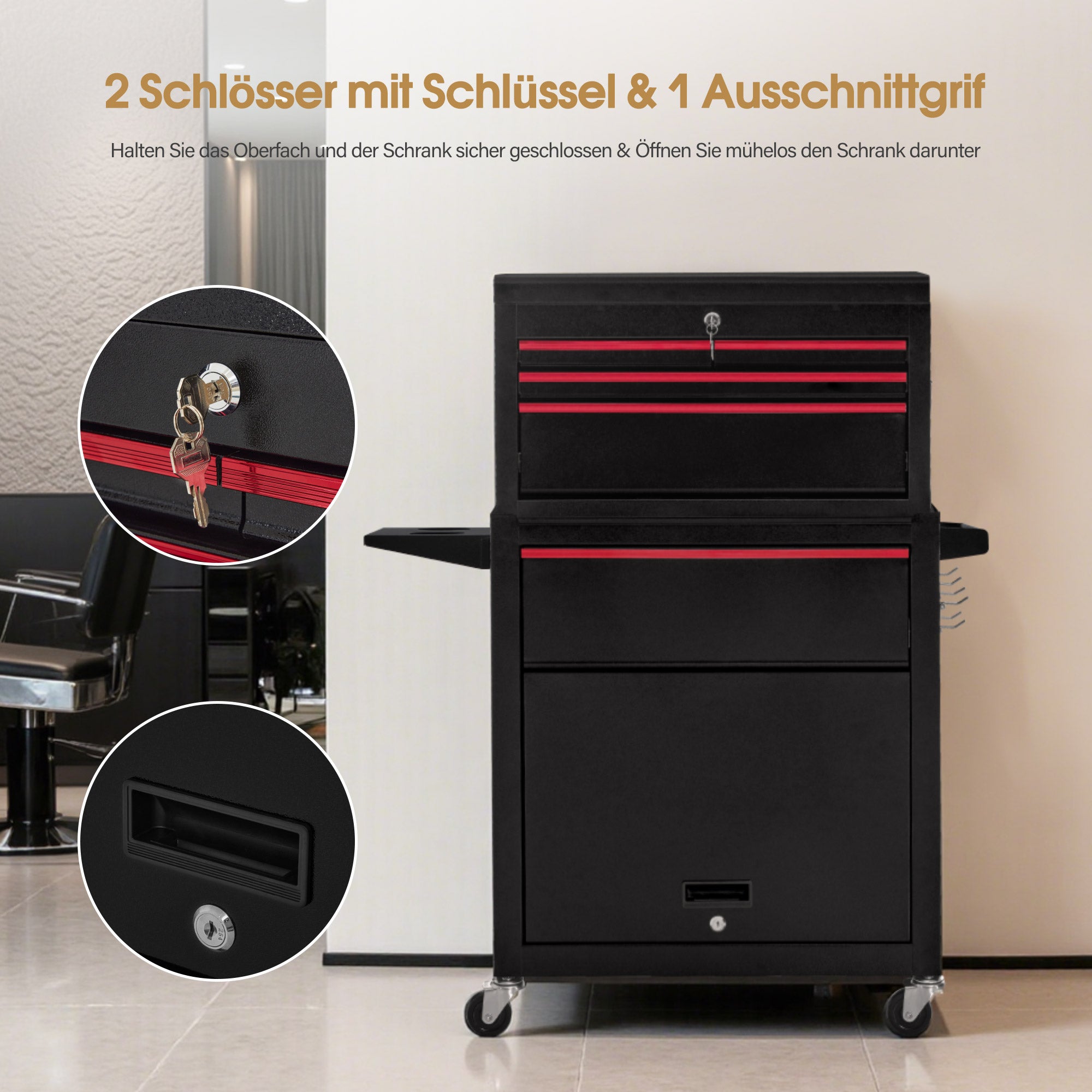 BarberPub 2 in 1 Friseurwagen mit 5 Schubladen, Schrank & 6 Haken, Bedienungswagen mit Rollen, Friseur Arbeitswagen Abschließbar, Beauty Salon Trolley Metall, Rollwagen Stapelboy, 33x70x108cm, 0097