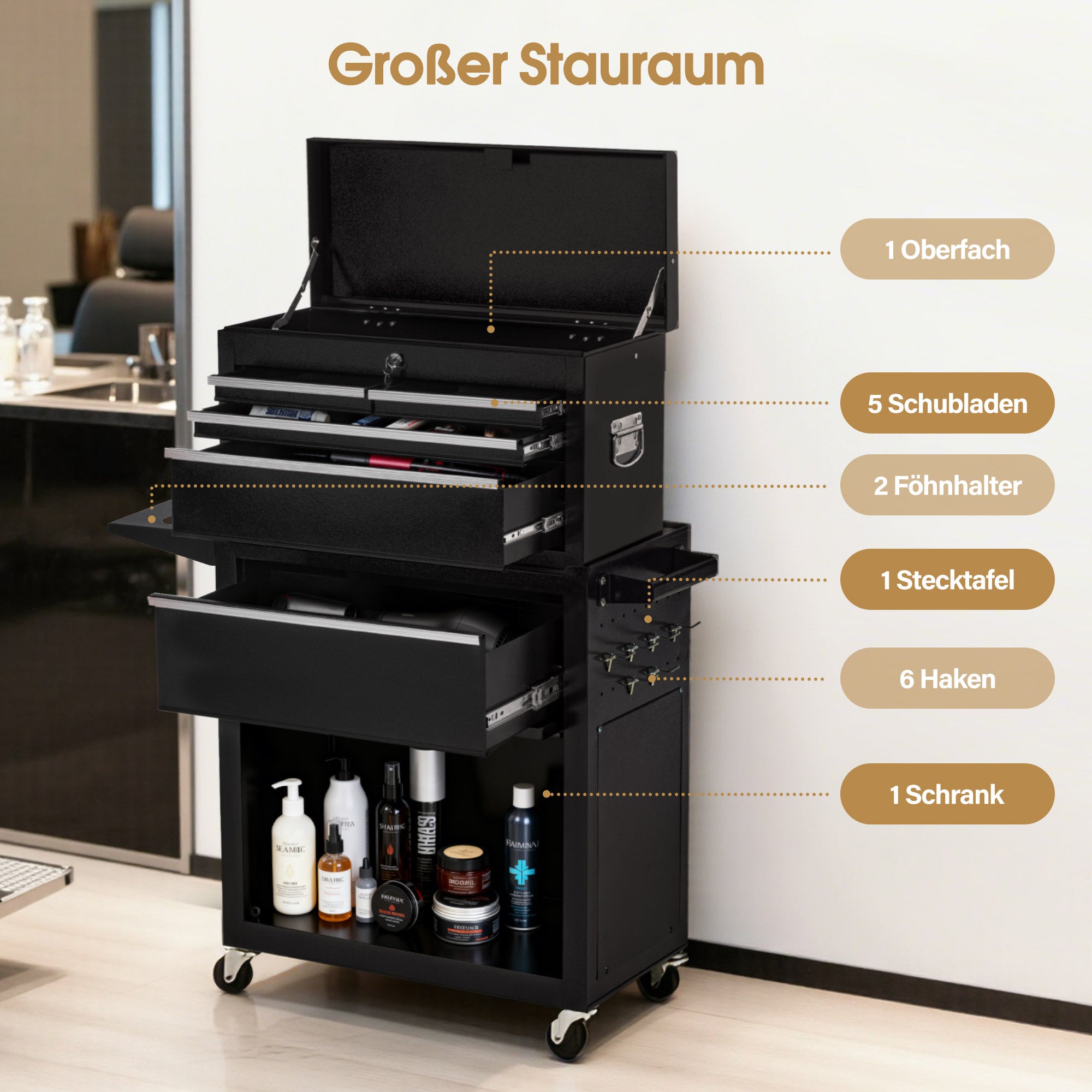 BarberPub 2 in 1 Friseurwagen mit 5 Schubladen, Schrank & 6 Haken, Bedienungswagen mit Rollen, Friseur Arbeitswagen Abschließbar, Beauty Salon Trolley Metall, Rollwagen Stapelboy, 33x70x108cm, 0097