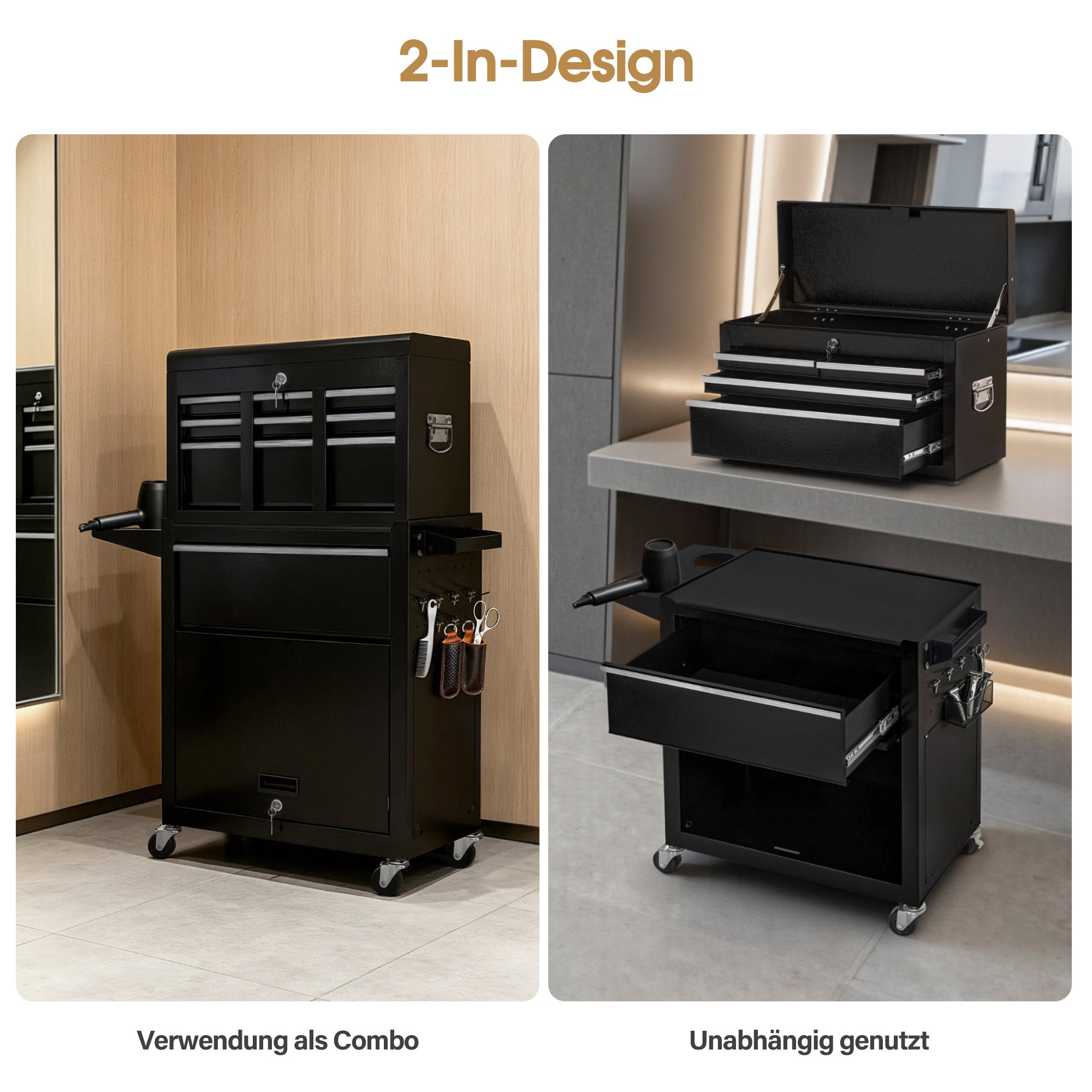 BarberPub 2 in 1 Friseurwagen mit 5 Schubladen, Schrank & 6 Haken, Bedienungswagen mit Rollen, Friseur Arbeitswagen Abschließbar, Beauty Salon Trolley Metall, Rollwagen Stapelboy, 33x70x108cm, 0097