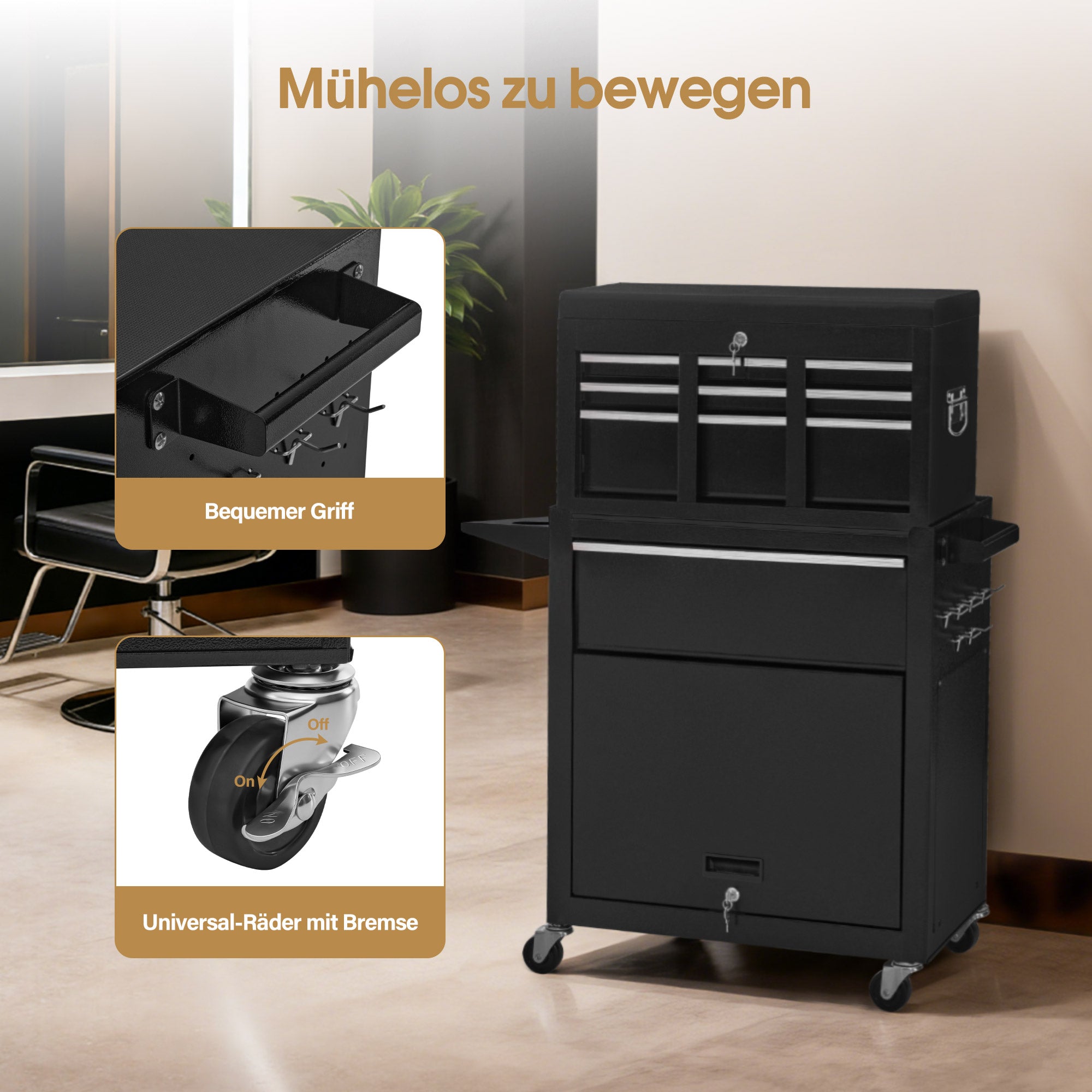BarberPub 2 in 1 Friseurwagen mit 5 Schubladen, Schrank & 6 Haken, Bedienungswagen mit Rollen, Friseur Arbeitswagen Abschließbar, Beauty Salon Trolley Metall, Rollwagen Stapelboy, 33x70x108cm, 0097