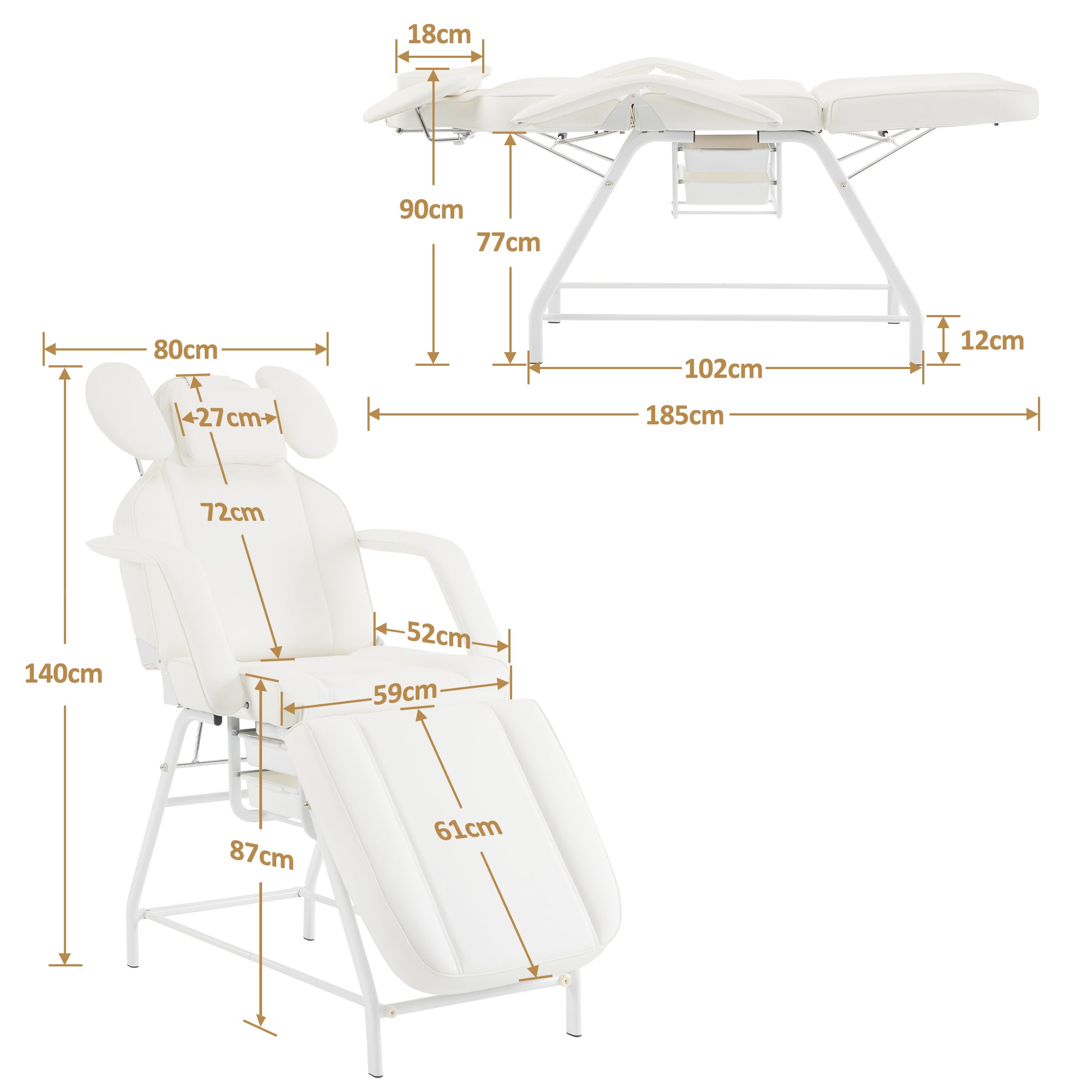 Barberpub Kosmetikliege Klappbar, Massageliege 80cm breit, behandlungsliege Wimpern, Tattoo Liege für SPA Salon, Verstellbare Handstütze für Kosmetiker 185x80x90 cm 0726 (Weiß/PU)