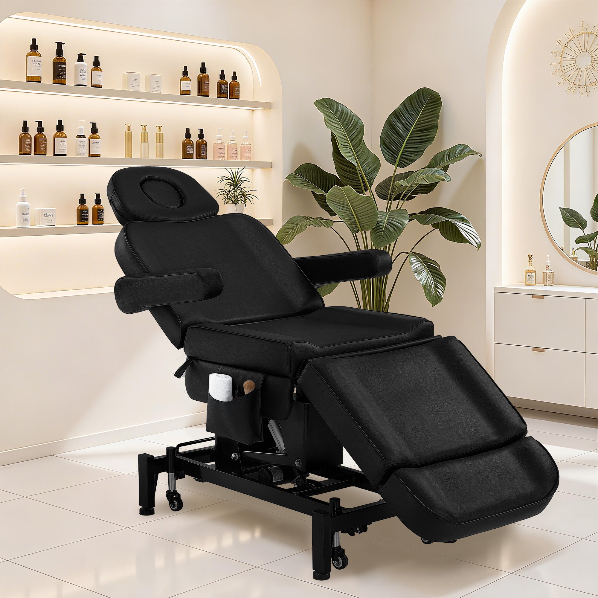 BarberPub Kosmetikliege Elektrisch mit 3 Motoren & Rollen, Massageliege Klappbar & 16CM Höhenverstellbar, 180°Drehbare Armlehnen, Tattoo Liege für SPA Salon 0754