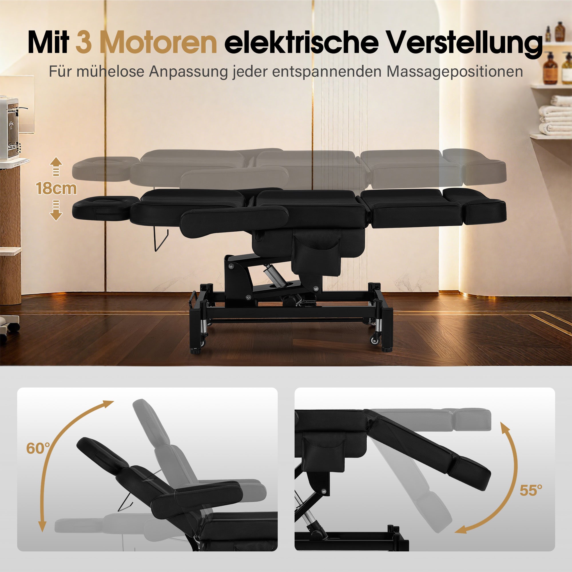 BarberPub Kosmetikliege Elektrisch mit 3 Motoren & Rollen, Massageliege Klappbar & 18CM Höhenverstellbar, 180°Drehbare Armlehnen, Tattoo Liege für SPA Salon 0754